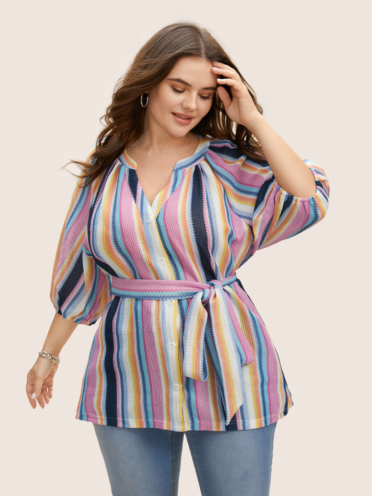 

Plus Size Multicolor Notched Collar Contrast Striped Lantern Sleeve Blouse Women Casual Elbow-length sleeve Notched collar Everyday Blouses BloomChic