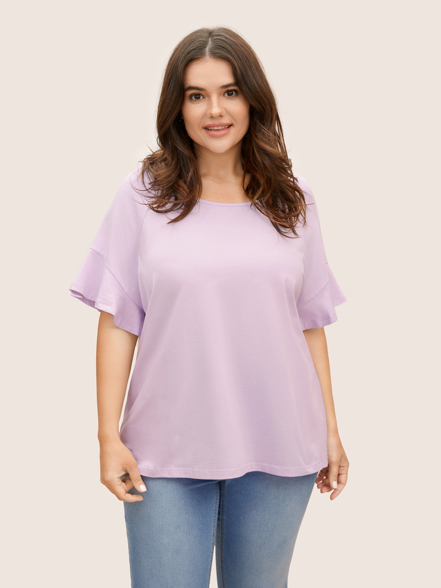 

Plus Size Cotton Round Neck Plain Patchwork Ruffles T-shirt Lavender Women Elegant Patchwork Round Neck Everyday T-shirts BloomChic