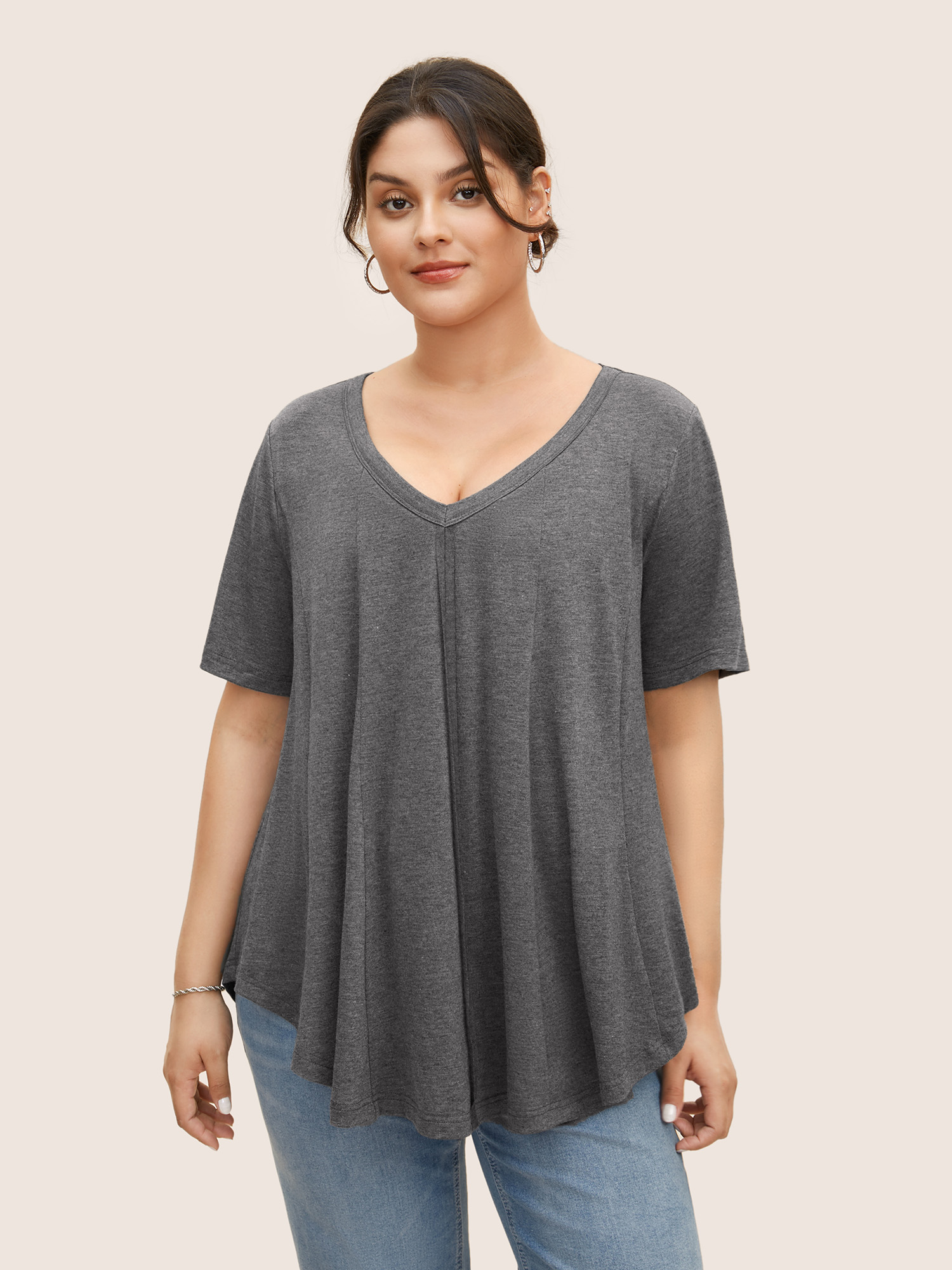 

Solid Heather V Neck Curved Hem T-shirt, Dimgray