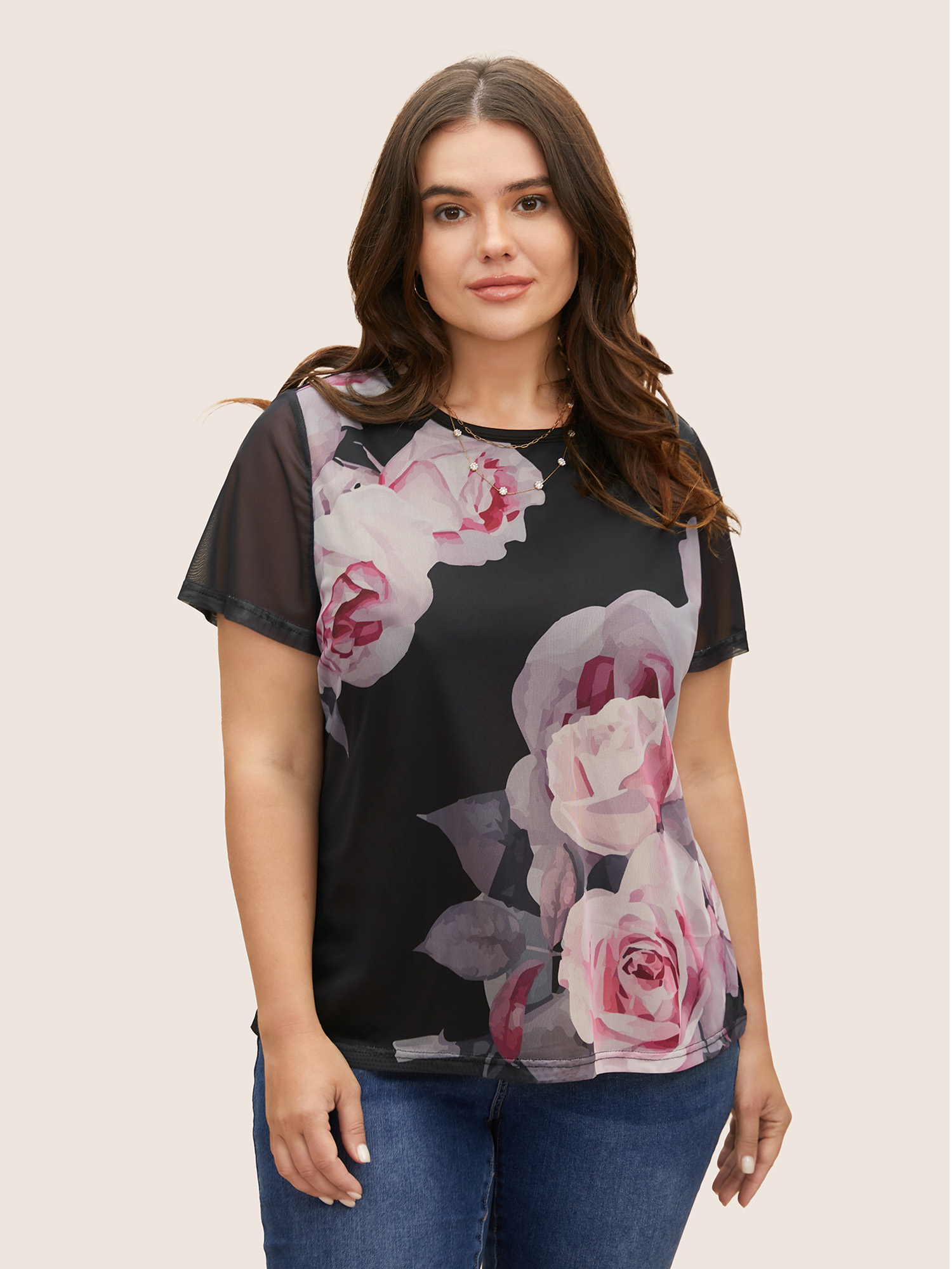 

Plus Size Round Neck Lily Print Patchwork Mesh T-shirt Lightpink Women Elegant See through Natural Flowers Round Neck Everyday T-shirts BloomChic