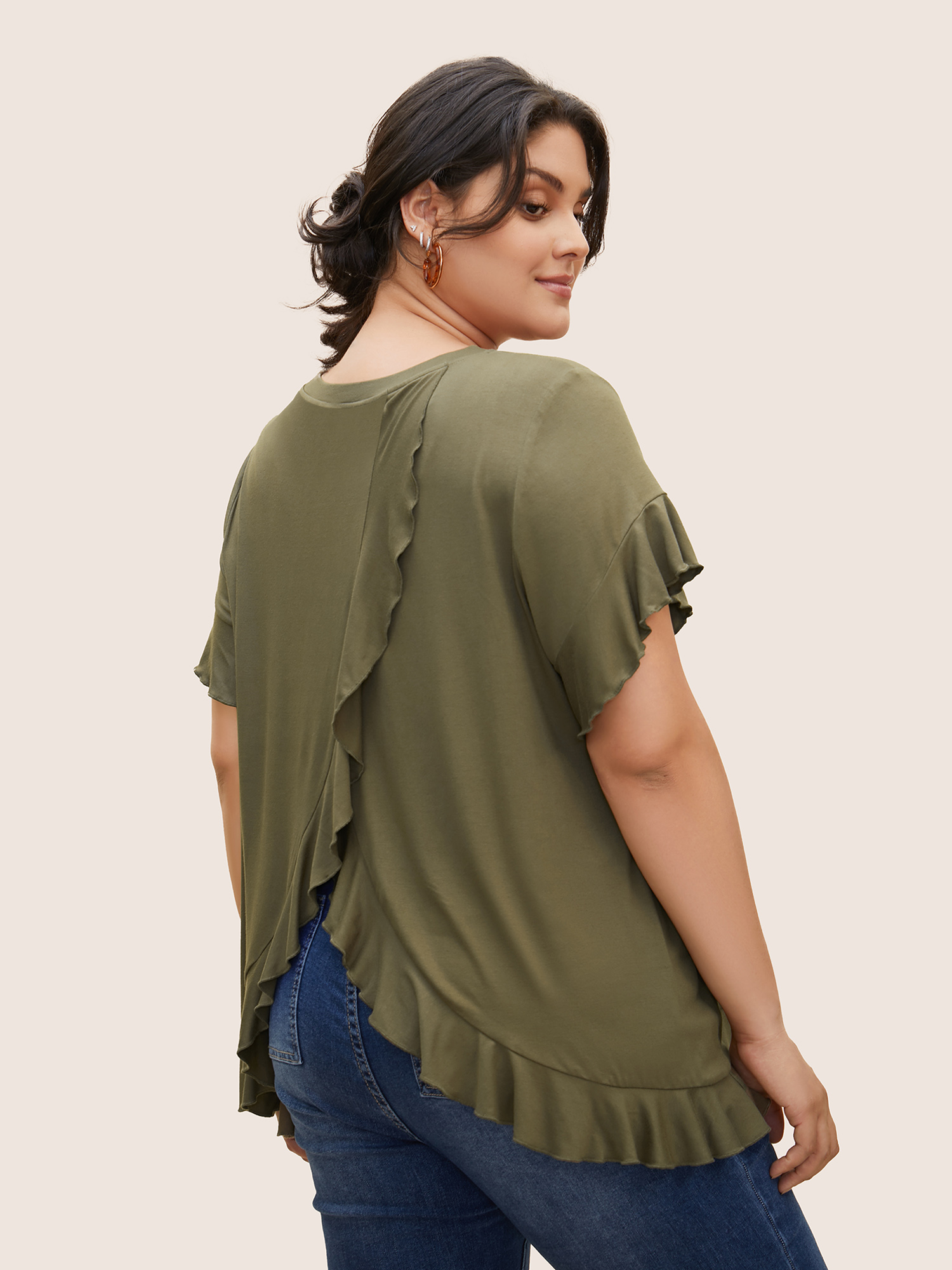 

Plus Size Round Neck Back Wrap Ruffles T-shirt Sage Round Neck Short sleeve Casual Jersey Tops