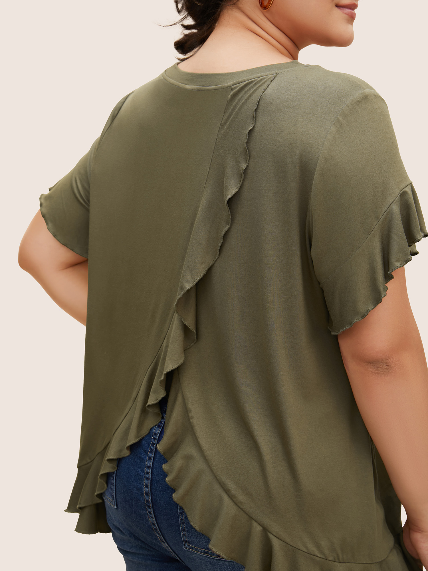 

Plus Size Round Neck Back Wrap Ruffles T-shirt Sage Women Casual Overlapping Round Neck Everyday T-shirts BloomChic