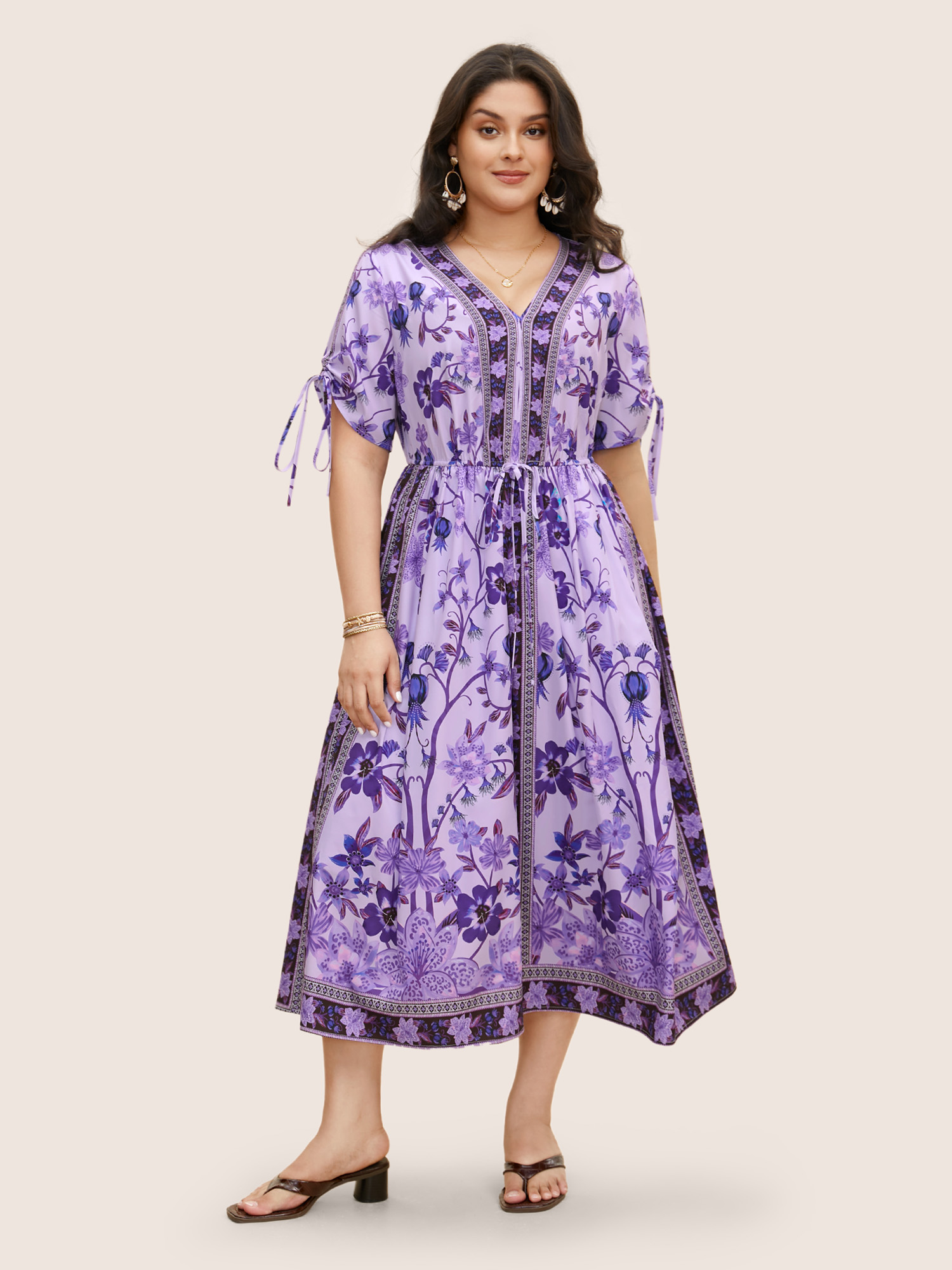 

Plus Size Boho Print V Neck Drawstring Dress Lilac Women Deep V-neck Half Sleeve Curvy BloomChic