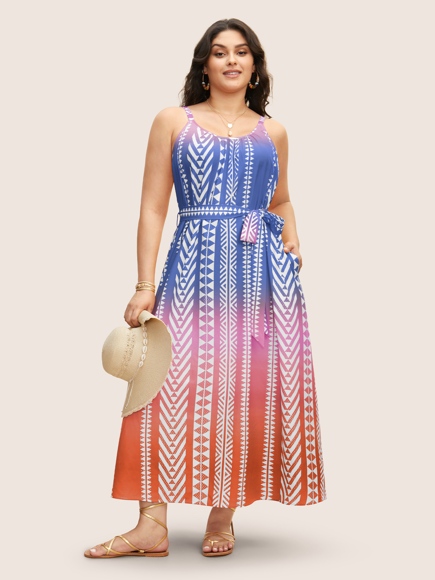 

Plus Size Ombre Contrast Geometric Belted Maxi Dress Mediumblue Women Belted Non Sleeveless Curvy BloomChic