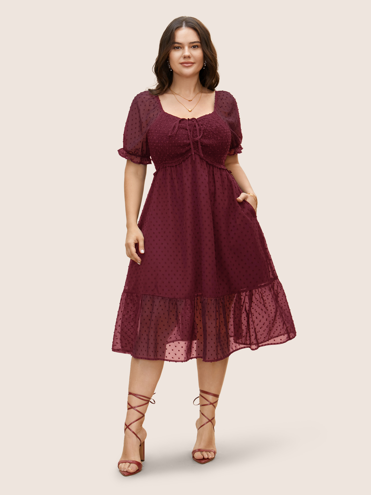 

Plus Size Polka Dot Textured Mesh Shirred Drawstring Dress Burgundy Women Texture V-neck Short sleeve Curvy BloomChic