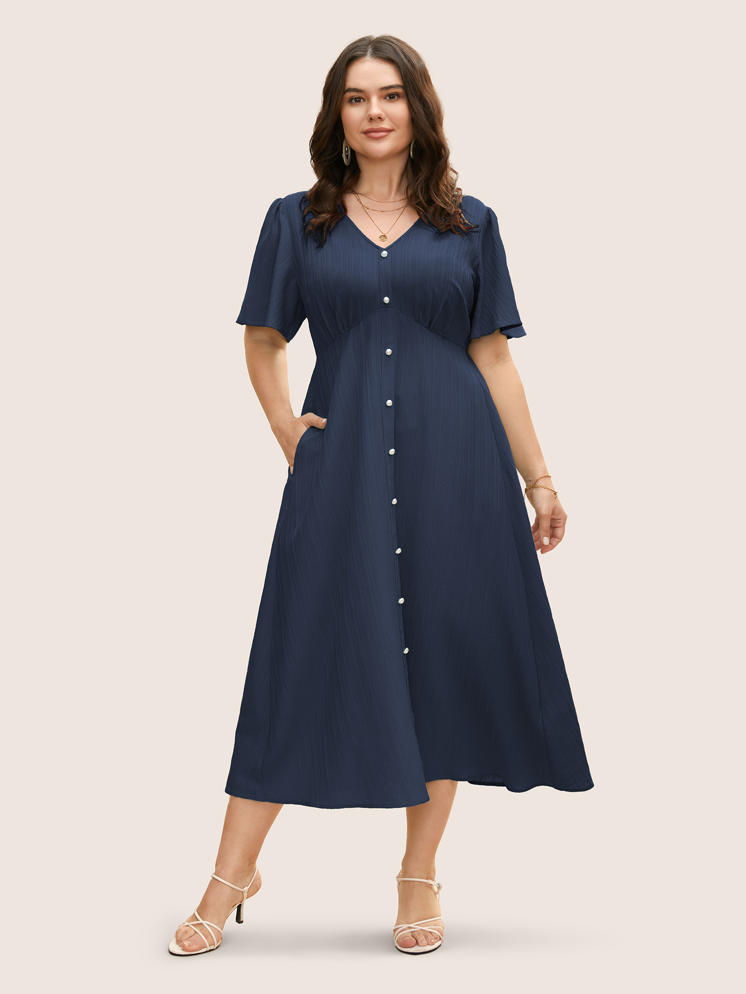 

Plus Size V Neck Button Detail Flutter Sleeve Dress Navy Women Texture V-neck Short sleeve Curvy BloomChic