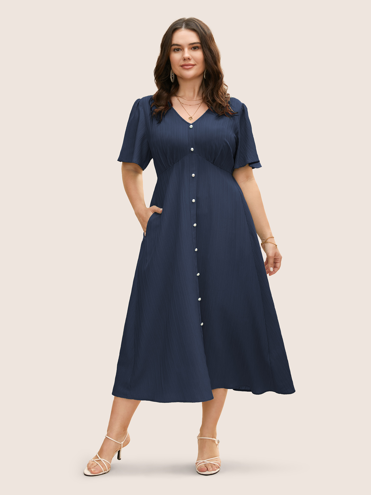 

Plus Size V Neck Button Detail Flutter Sleeve Dress Navy Women Elegant Texture V-neck Short sleeve Curvy BloomChic