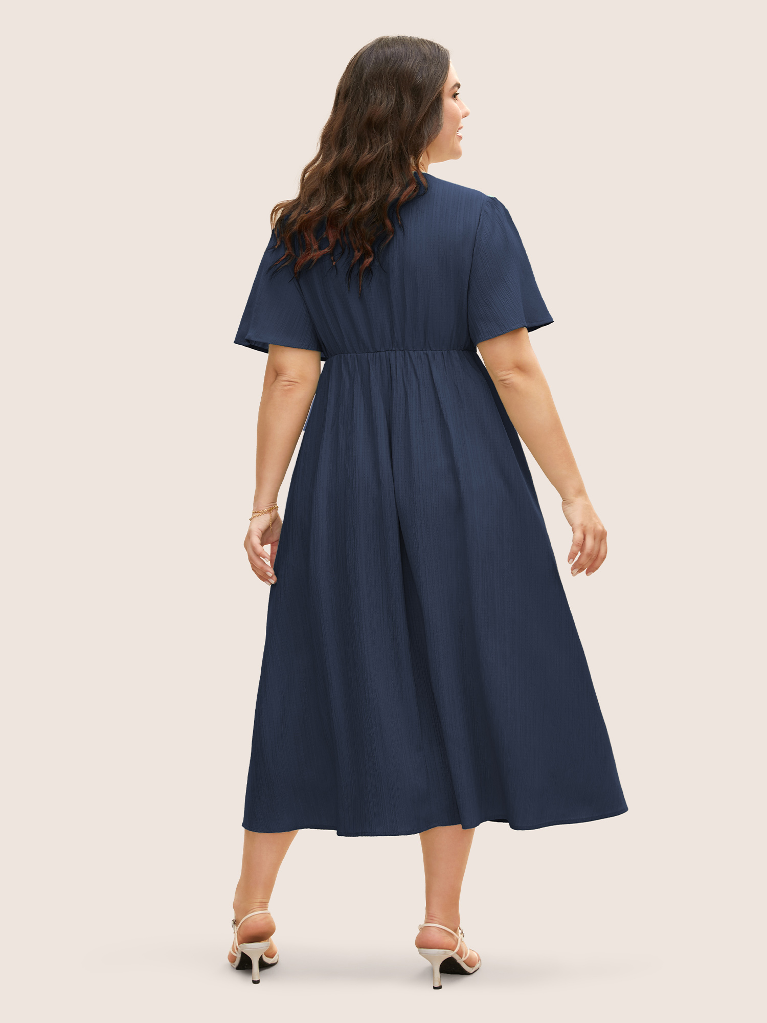 

Plus Size V Neck Button Detail Flutter Sleeve Dress Navy Women Elegant Texture V-neck Short sleeve Curvy BloomChic