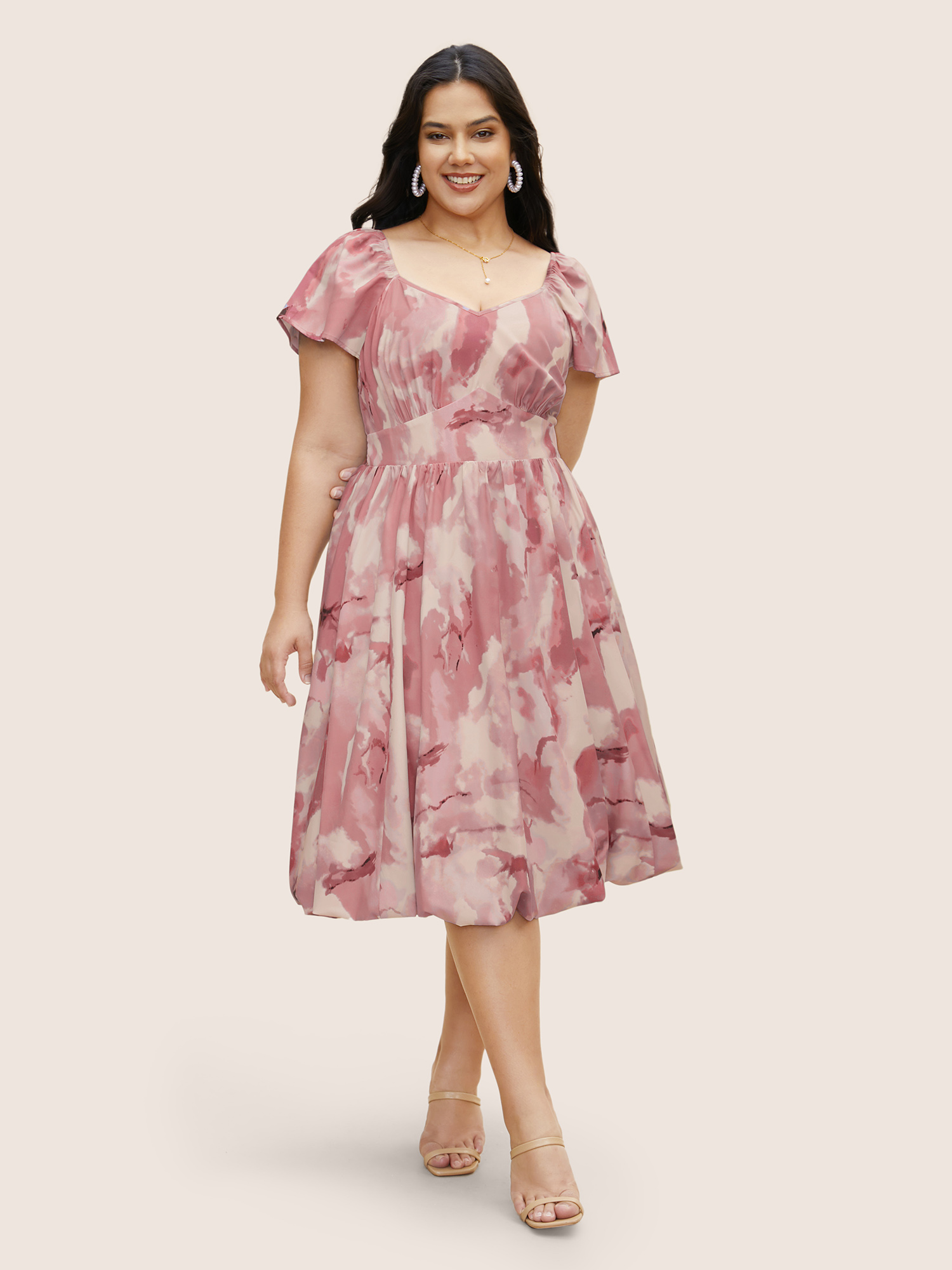

Plus Size Watercolor Floral Ruffles Shirred Gathered Dress Dirtypink Women Gathered Heart neckline Cap Sleeve Curvy BloomChic