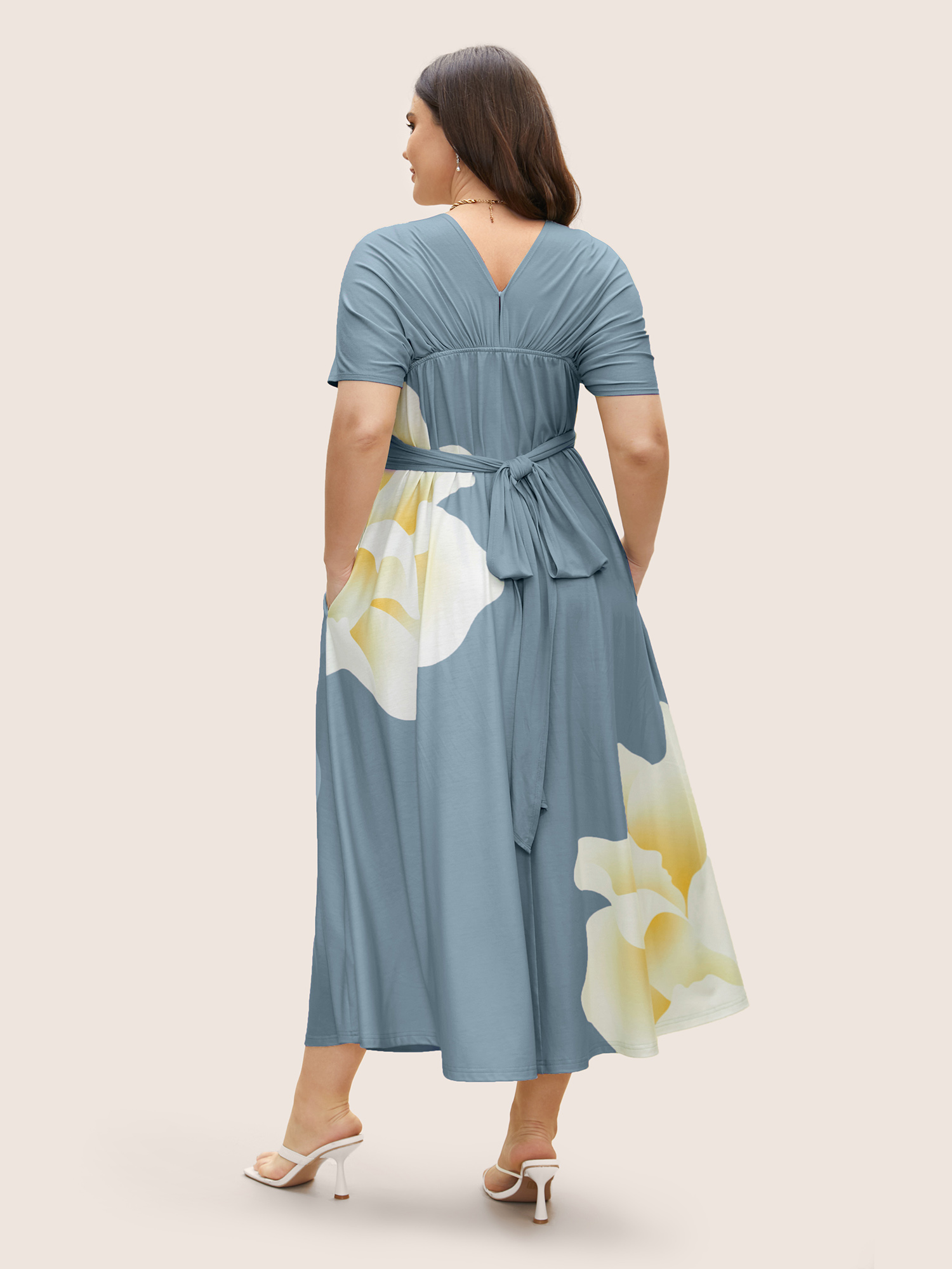 

Plus Size Everywhere Dress - Floral Mesh Ties Dress LightBlue Women Belted Non Sleeveless Curvy BloomChic