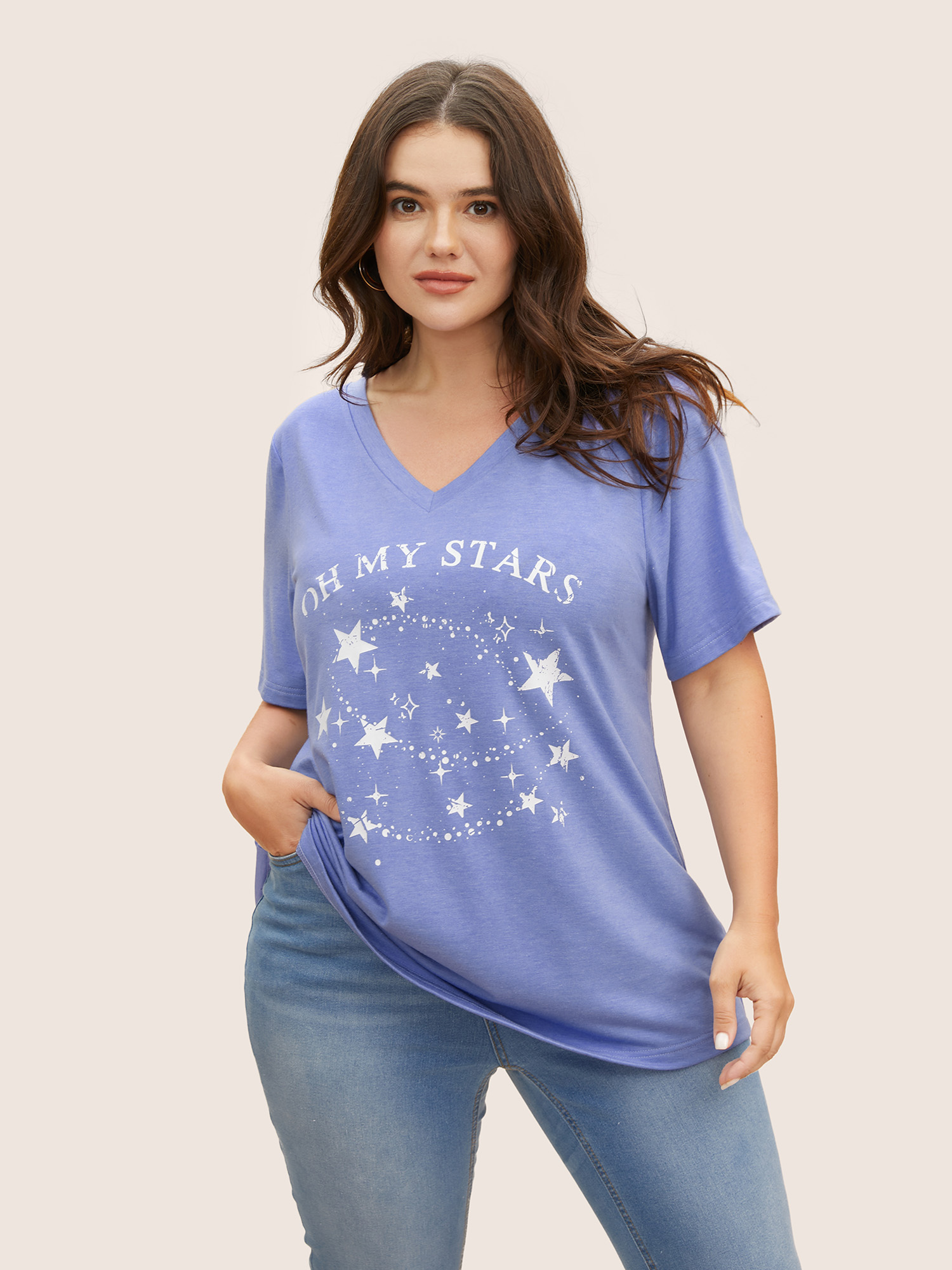 

Plus Size Moon and Star Print V Neck T-shirt Bluepurple Women Casual Non Star and moon V-neck Everyday T-shirts BloomChic