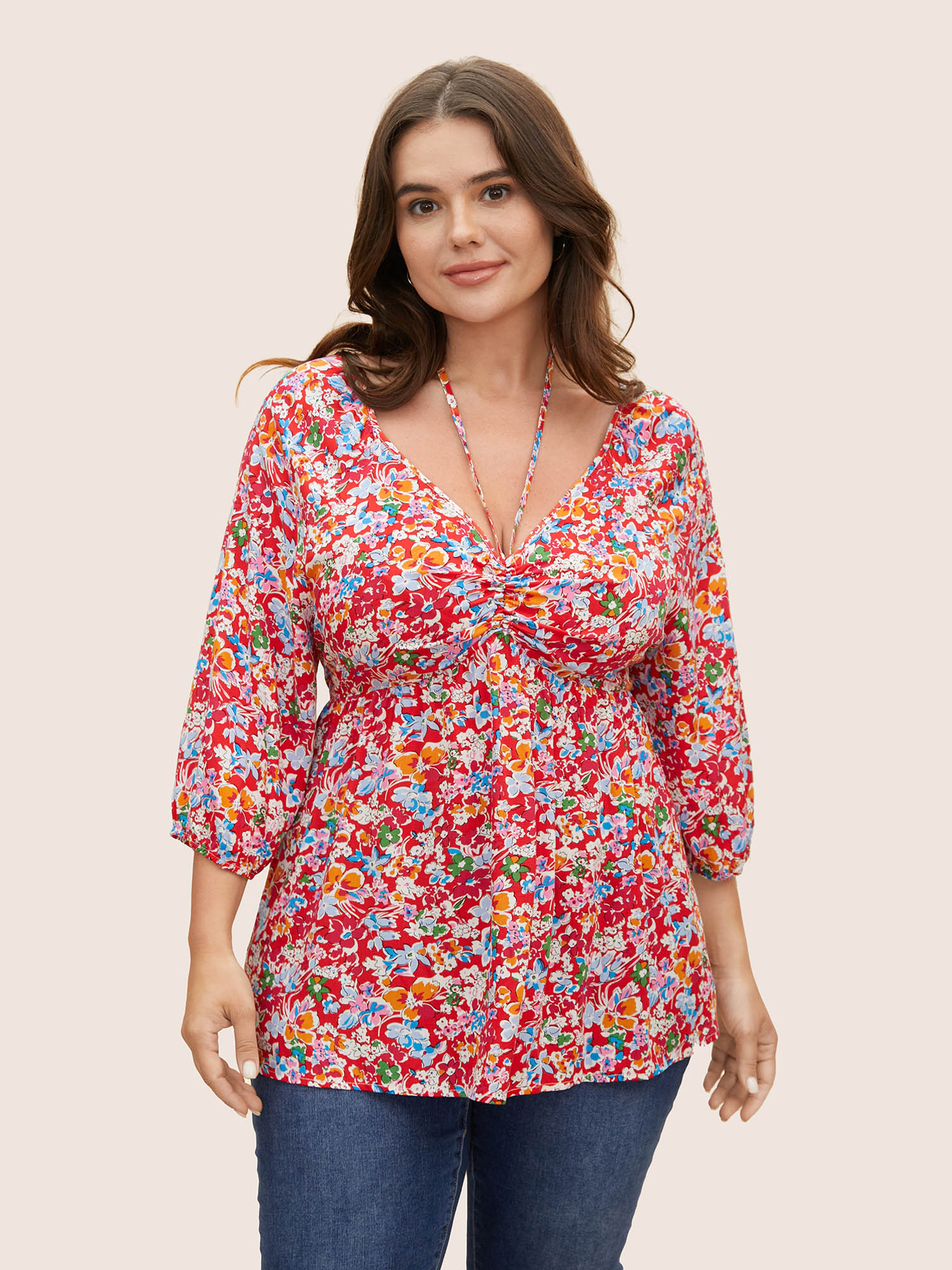 

Plus Size Raspberry Colored Floral Tie Knot Lantern Sleeve Blouse Women Resort Elbow-length sleeve V-neck Vacation Blouses BloomChic