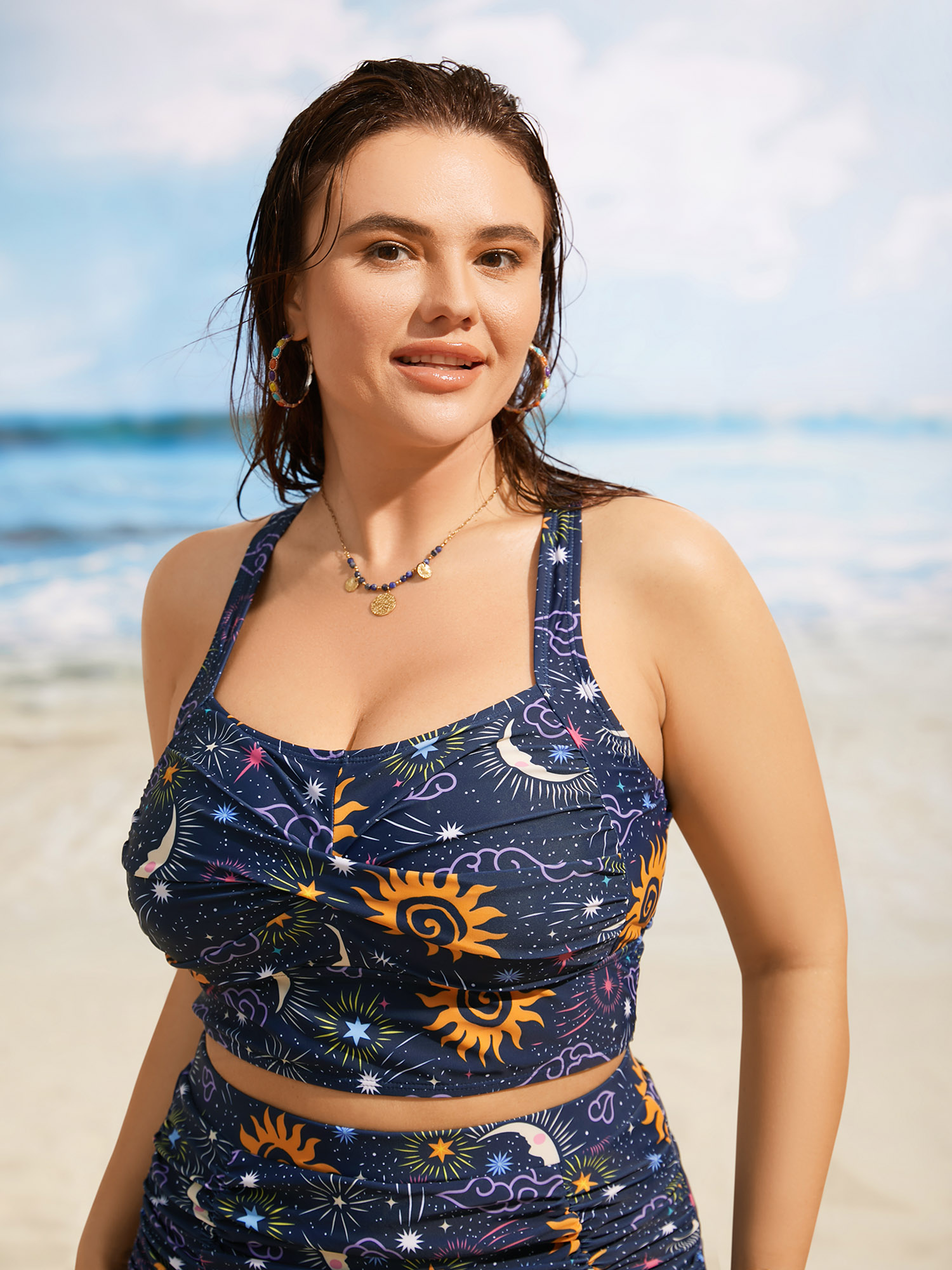 

Plus Size Moon & Star Heart Neckline Twist Front Swim Top Women's Swimwear Midnight Beach Twist High stretch Skinny Heart neckline Curve Swim Tops BloomChic