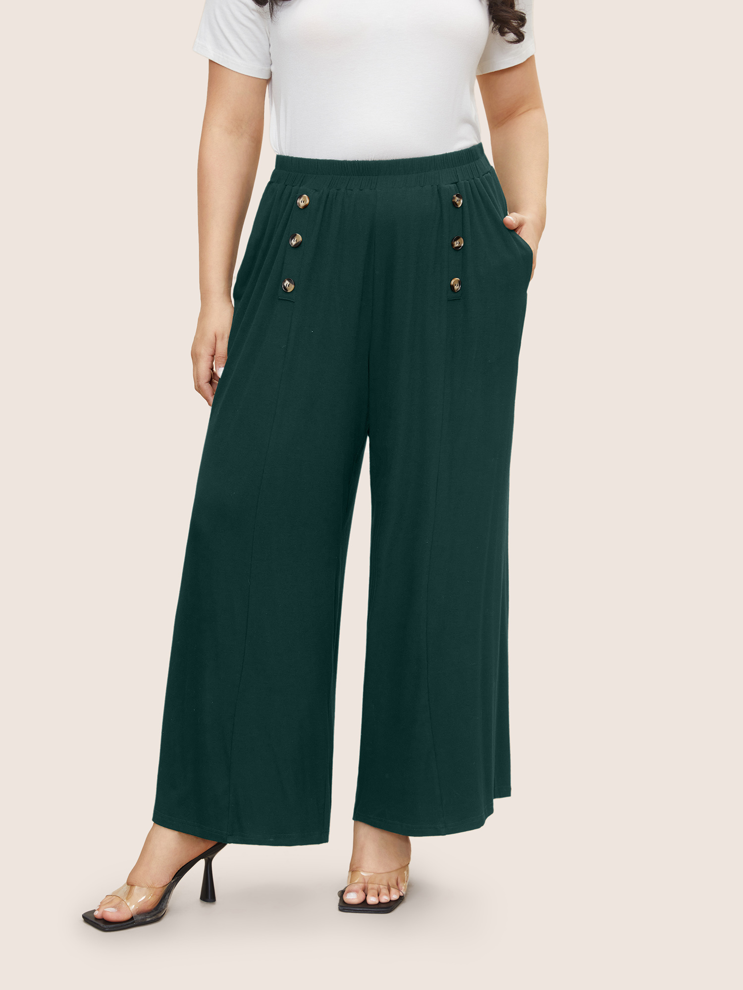 

Plus Size Supersoft Essentials Button Detail Wide Leg Pants Women Cyan Elegant Wide Leg High Rise Everyday Pants BloomChic