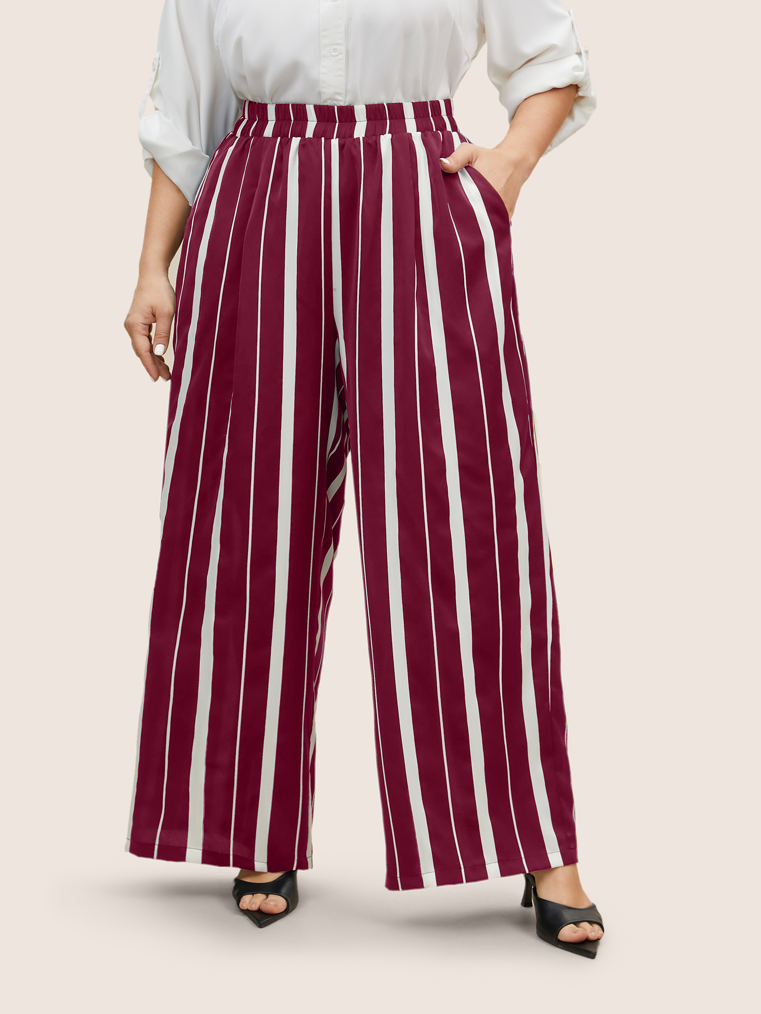 

Plus Size Striped Elastic Waist Wide Leg Pants Women Scarlet At the Office Wide Leg High Rise Work Pants BloomChic
