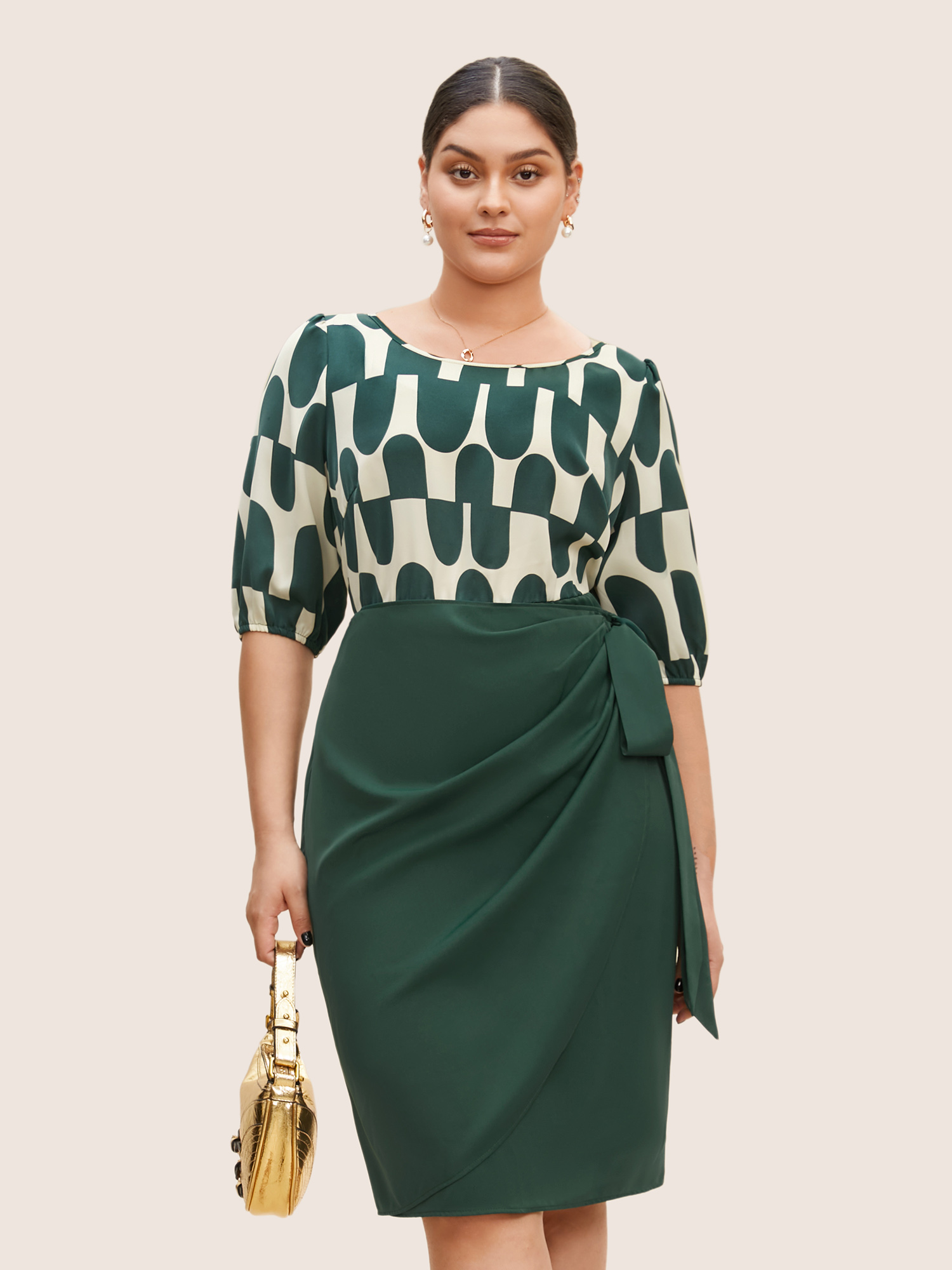 

Plus Size Geometric Patchwork Tie Knot Split Hem Dress DarkGreen Women At the Office Tie knot Round Neck Half Sleeve Curvy BloomChic