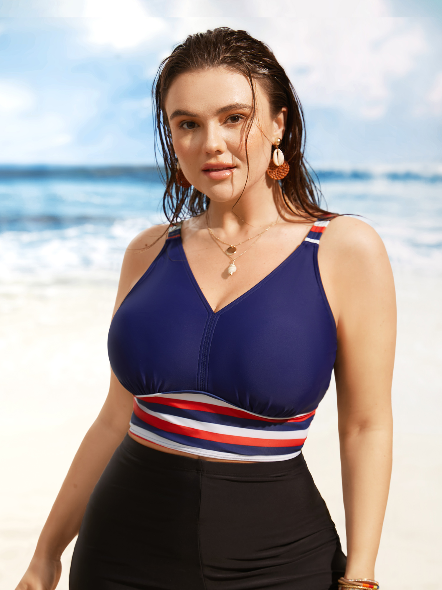 

Plus Size Contrast Striped V Neck Gathered Swim Top Women's Swimwear Indigo Beach Gathered High stretch Skinny V-neck Curve Swim Tops BloomChic