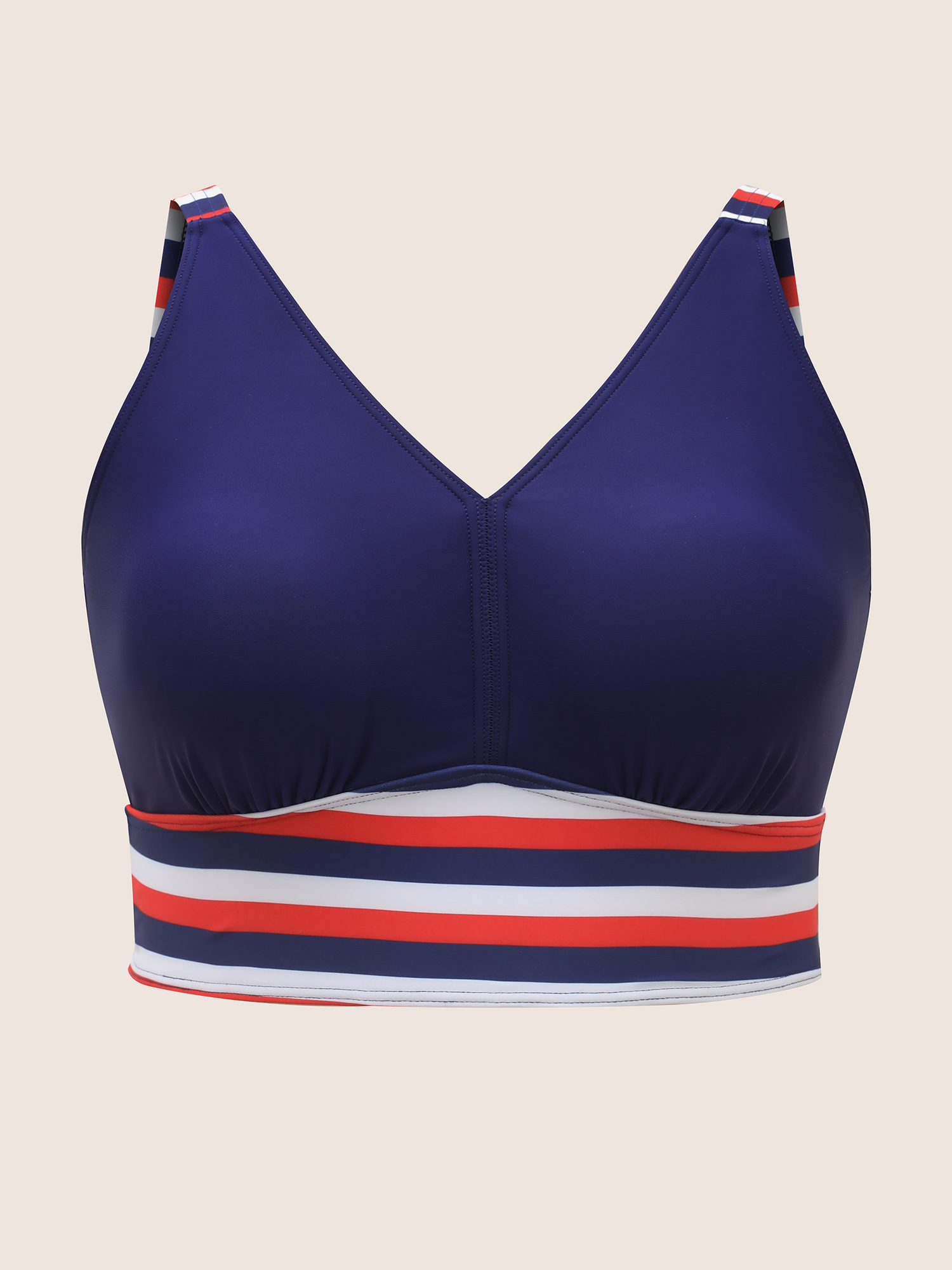 Plus Size Contrast Striped V Neck Gathered Swim Top Women`s Swimwear Indigo Beach Gathered High stretch Skinny V-neck Curve Swim Tops BloomChic 28/5X 