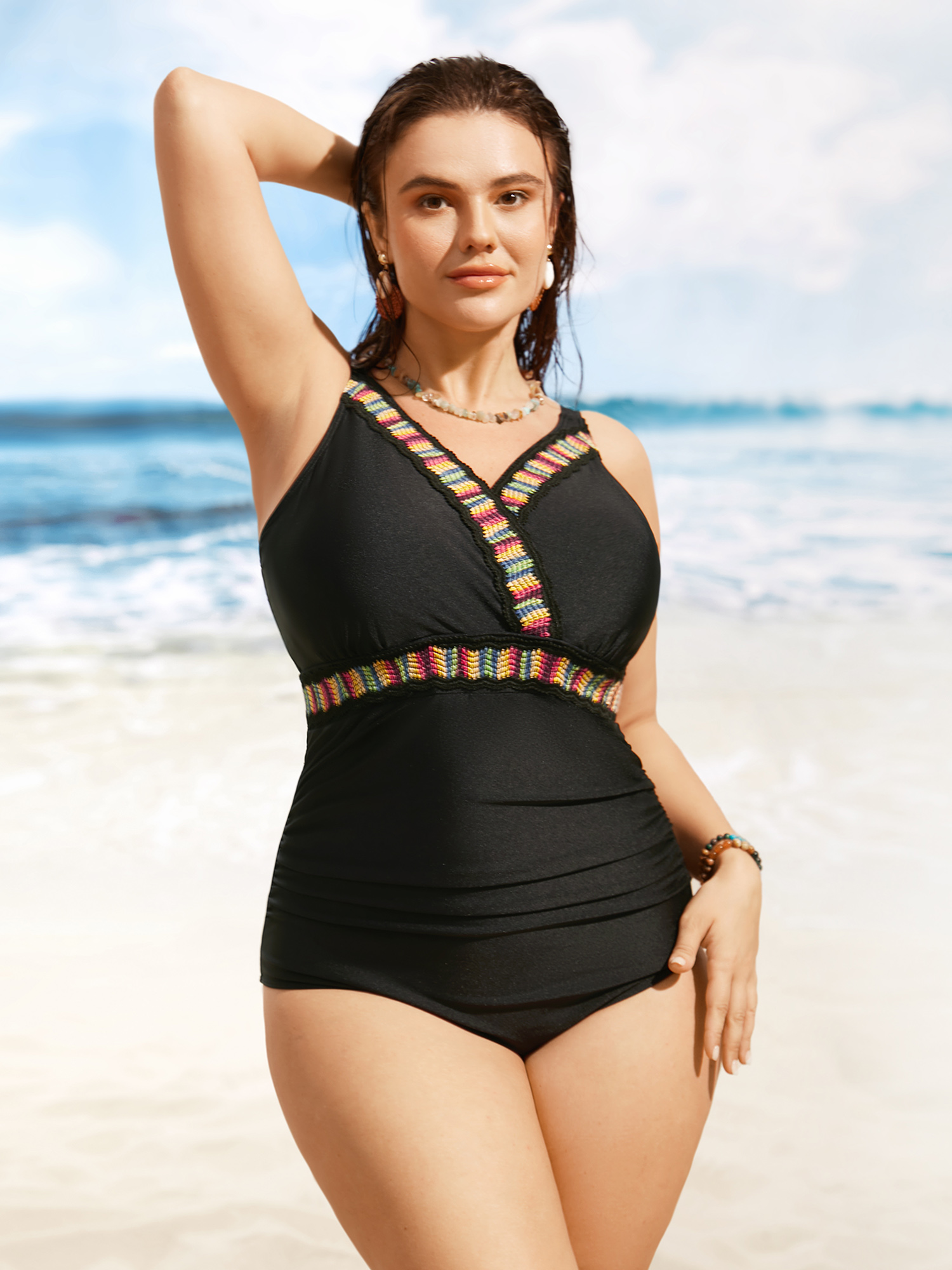 

Plus Size Overlap Collar Contrast Webbing Gathered One Piece Swimsuit Women's Swimwear Black Beach Woven ribbon&lace trim Curve Bathing Suits High stretch One Pieces BloomChic