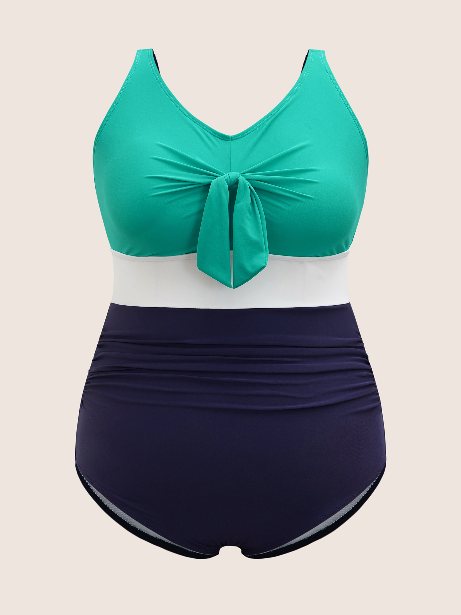 Plus Size Contrast Patchwork Tie Knot Gathered One Piece Swimsuit Women`s Swimwear Malachitegreen Beach Tie knot Curve Bathing Suits High stretch One Pieces BloomChic 30/6X 