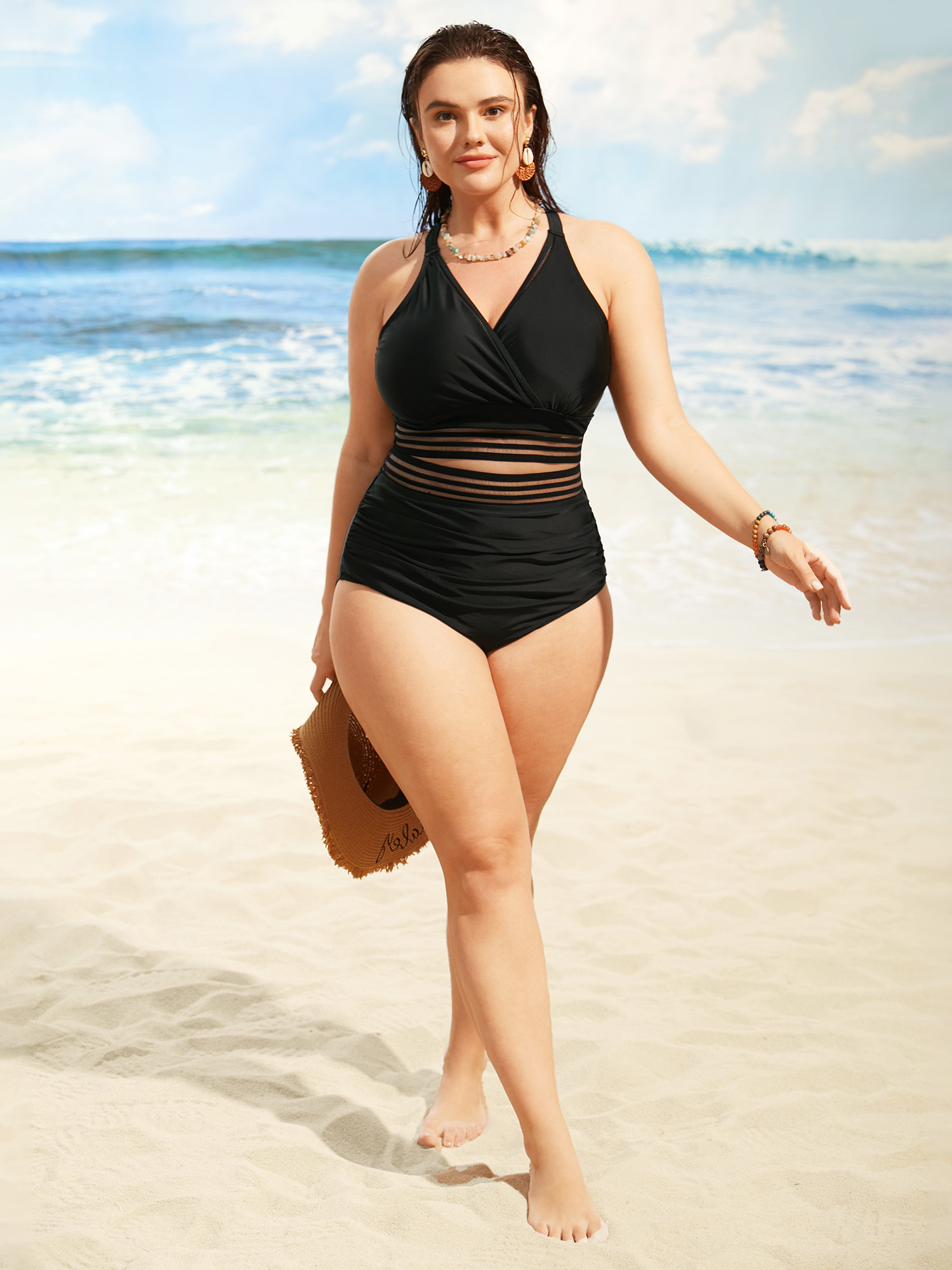 Plus Size Overlap Collar Woven Ribbon Back Crisscross Swim Top Women`s Swimwear Black Beach Woven ribbon&lace trim High stretch Skinny Overlap Collar Curve Swim Tops BloomChic 14-16/1X 