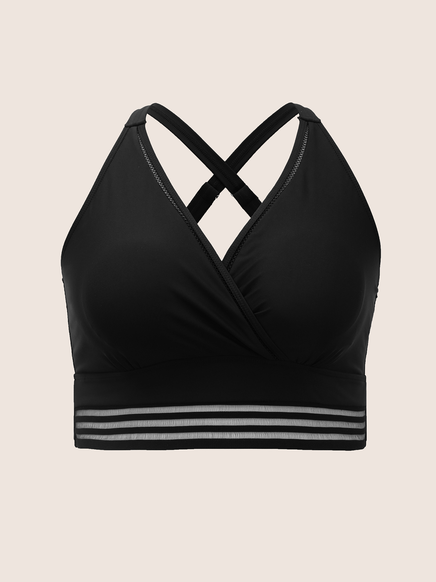 Plus Size Overlap Collar Woven Ribbon Back Crisscross Swim Top Women`s Swimwear Black Beach Woven ribbon&lace trim High stretch Skinny Overlap Collar Curve Swim Tops BloomChic 14-16/1X 