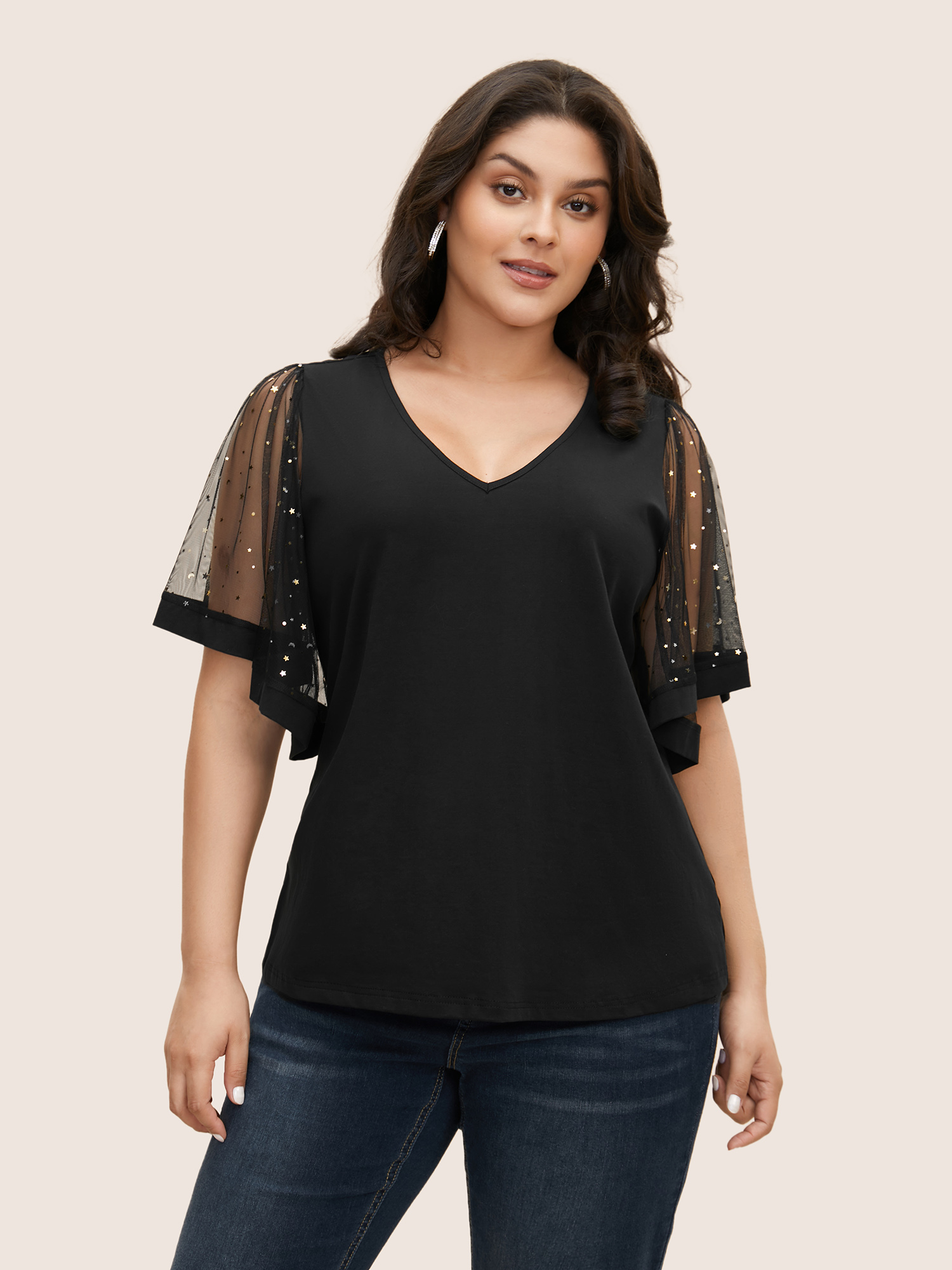 

Plus Size Star Sequin Mesh Patchwork Ruffle Sleeve T-shirt Black Women Resort See through Star and moon V-neck Vacation T-shirts BloomChic