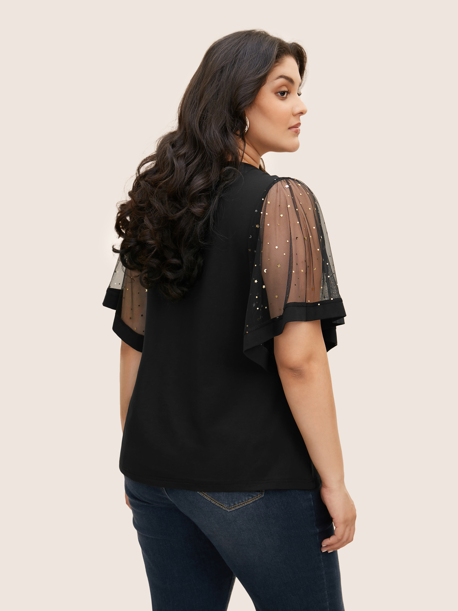 Plus Size Star Sequin Mesh Patchwork Ruffle Sleeve T-shirt Black Women Resort See through Star and moon V-neck Vacation T-shirts BloomChic 18-20/2X 