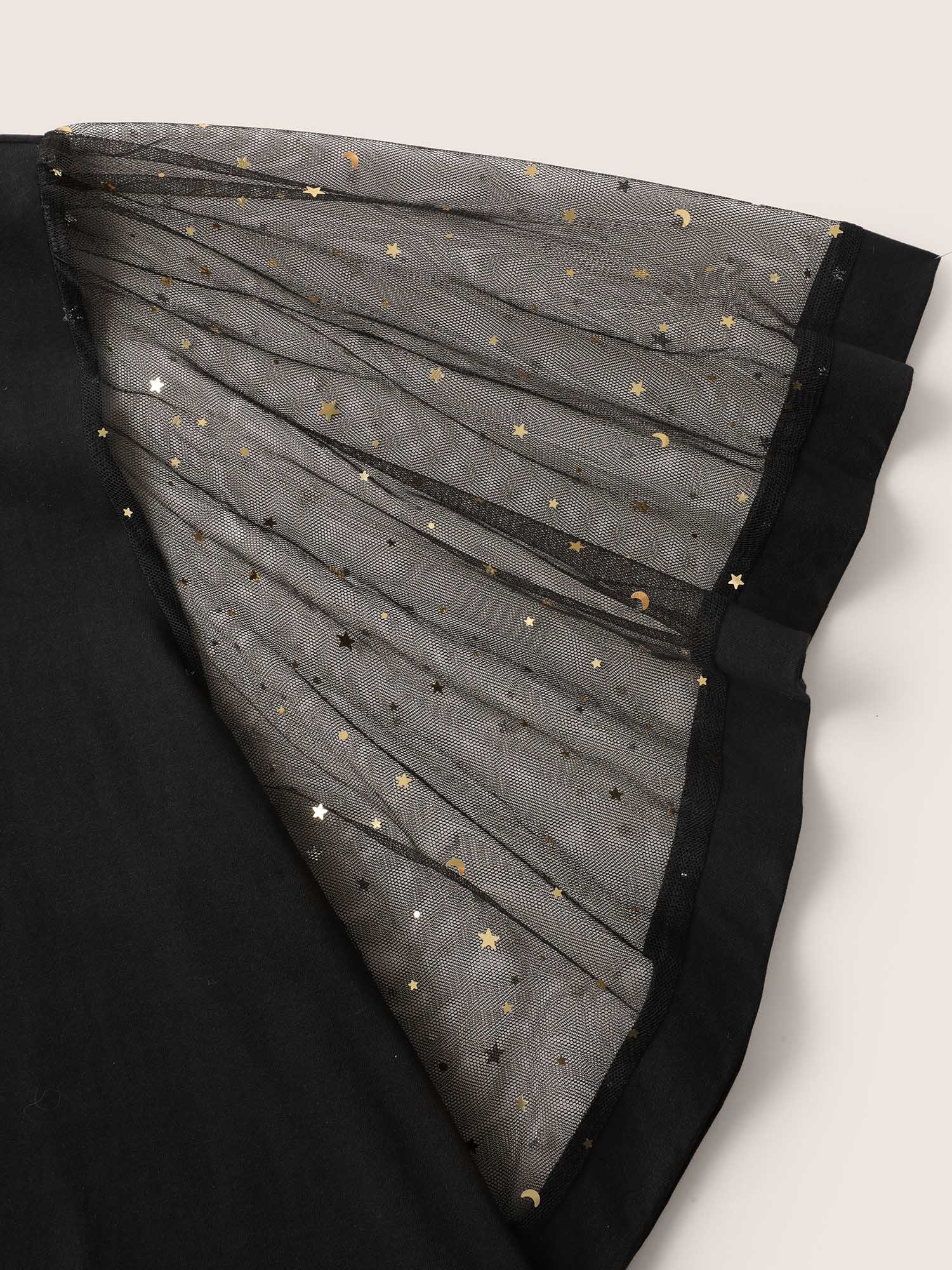 Plus Size Star Sequin Mesh Patchwork Ruffle Sleeve T-shirt Black Women Resort See through Star and moon V-neck Vacation T-shirts BloomChic 18-20/2X 