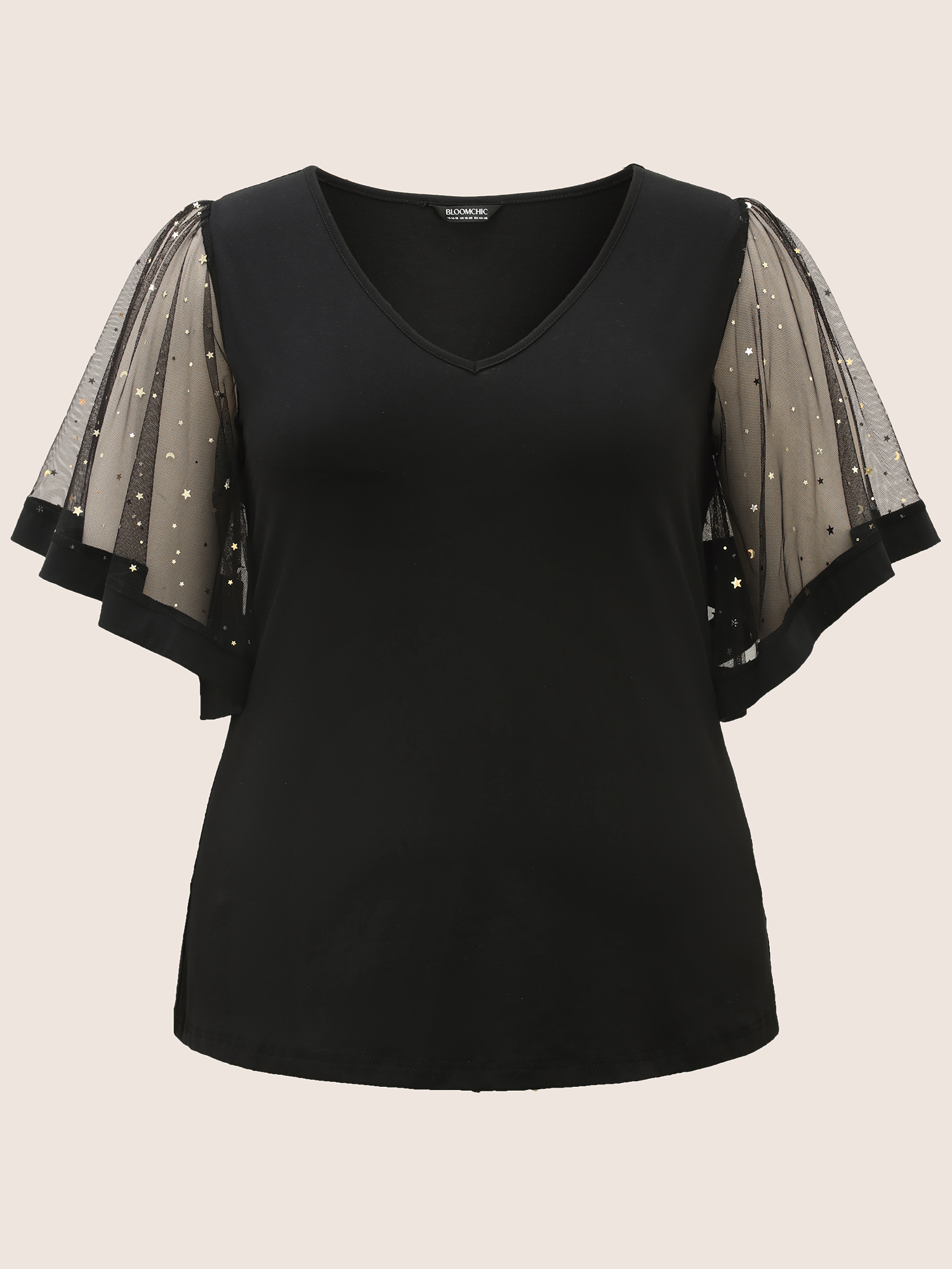 Plus Size Star Sequin Mesh Patchwork Ruffle Sleeve T-shirt Black Women Resort See through Star and moon V-neck Vacation T-shirts BloomChic 18-20/2X 