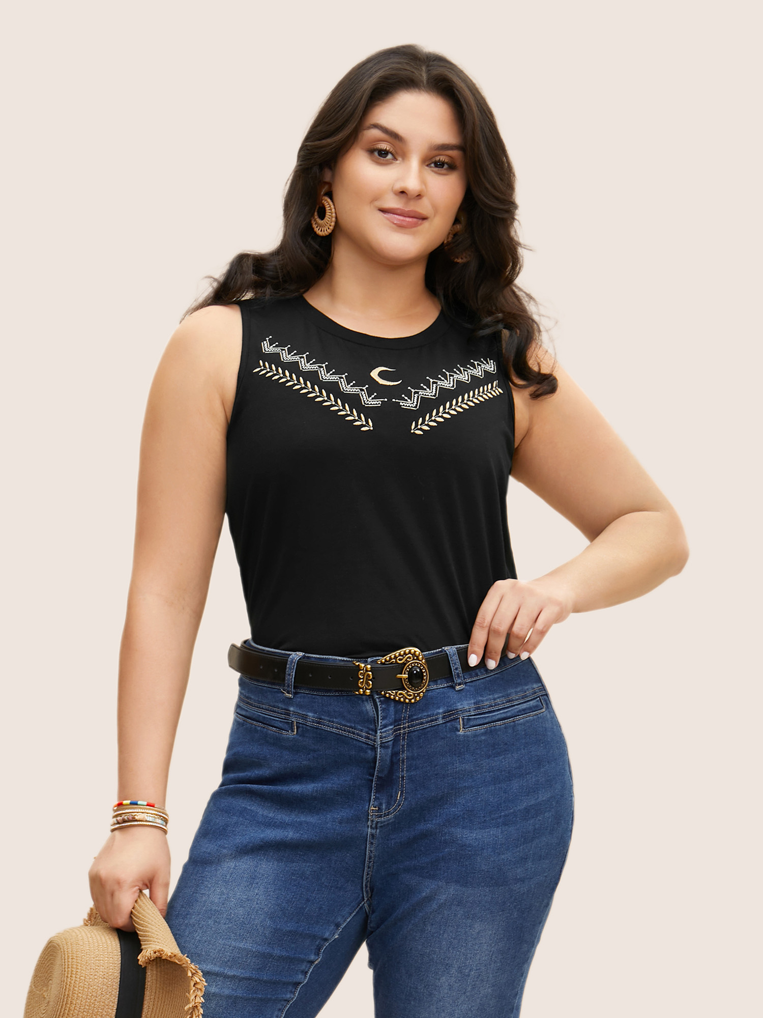 

Plus Size Crew Neck Moon & Star Embroidered Tank Top Women Black Resort Embroidered Round Neck Vacation Tank Tops Camis BloomChic