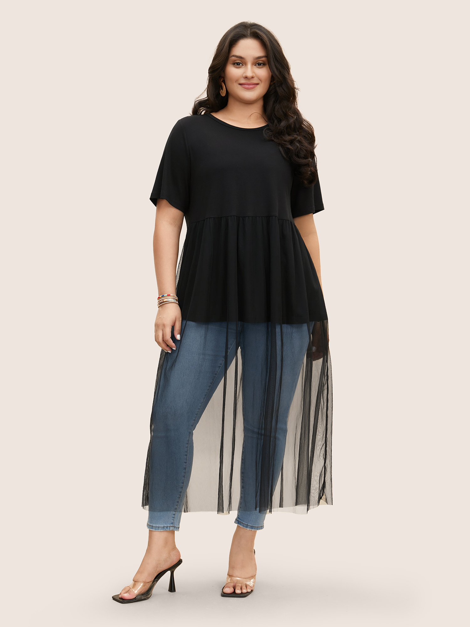 

Plus Size Round Neck Mesh Patchwork Medium Stretch T-shirt Black Round Neck Short sleeve Resort Jersey Tops