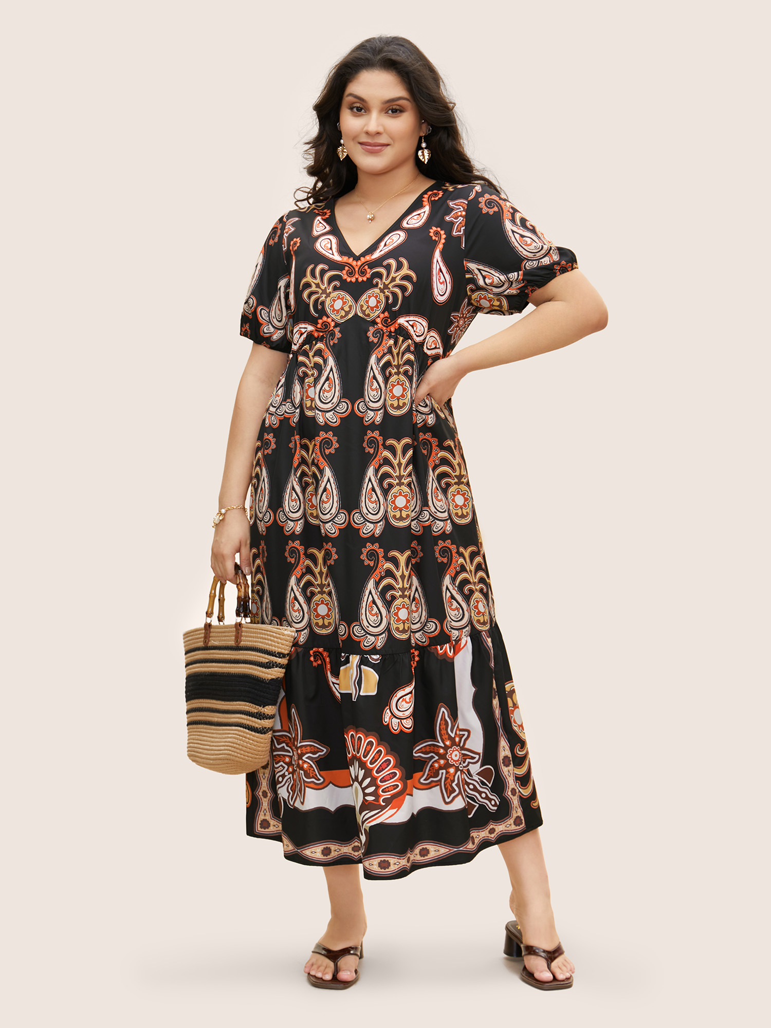 

Plus Size Bandana Print Lantern Sleeve Maxi Dress Black Women Resort Non V-neck Short sleeve Curvy BloomChic