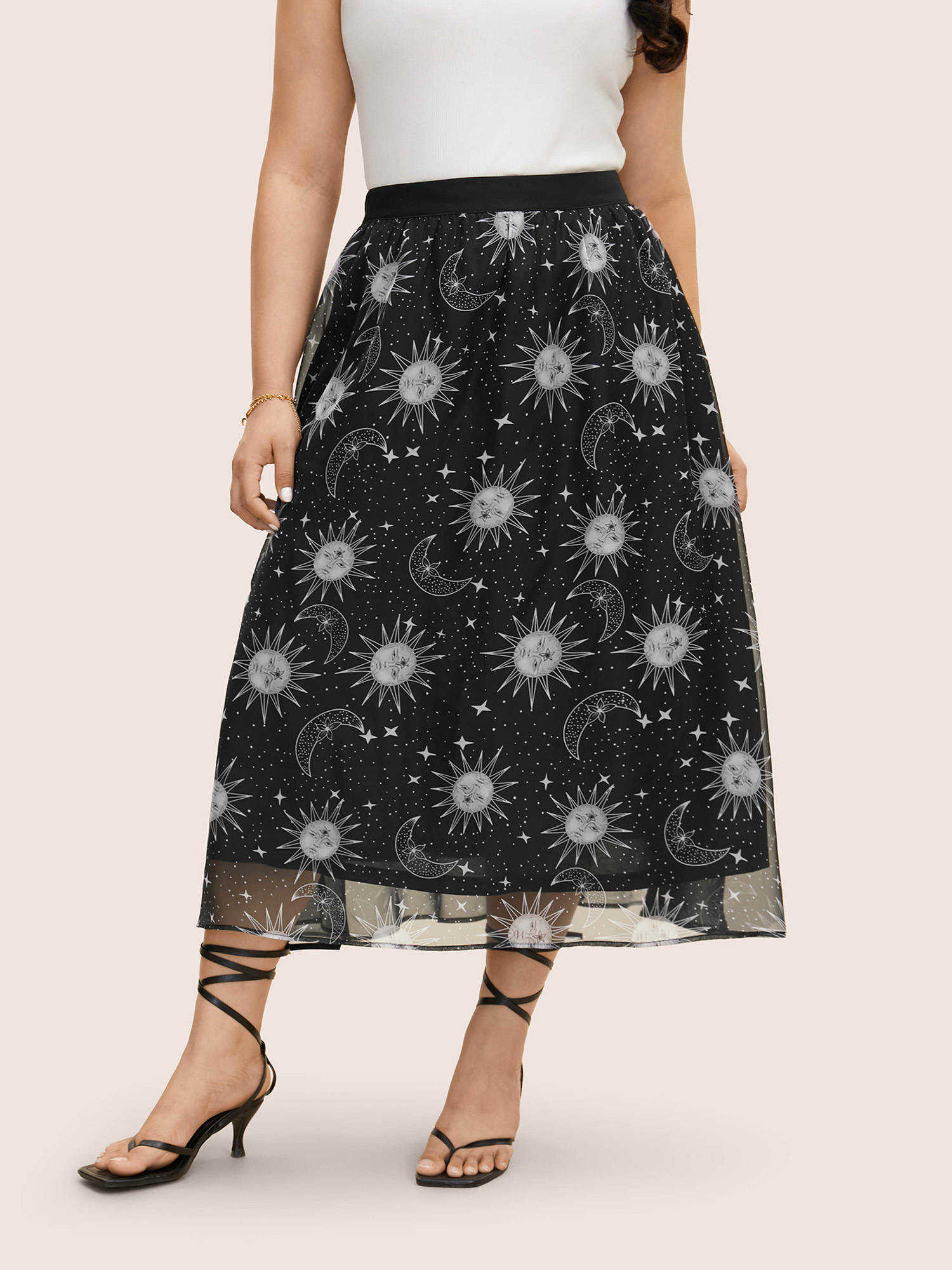 

Plus Size Moon & Star Print Mesh Pocket Skirt Women Black Resort See through Loose No stretch Side seam pocket Vacation Skirts BloomChic