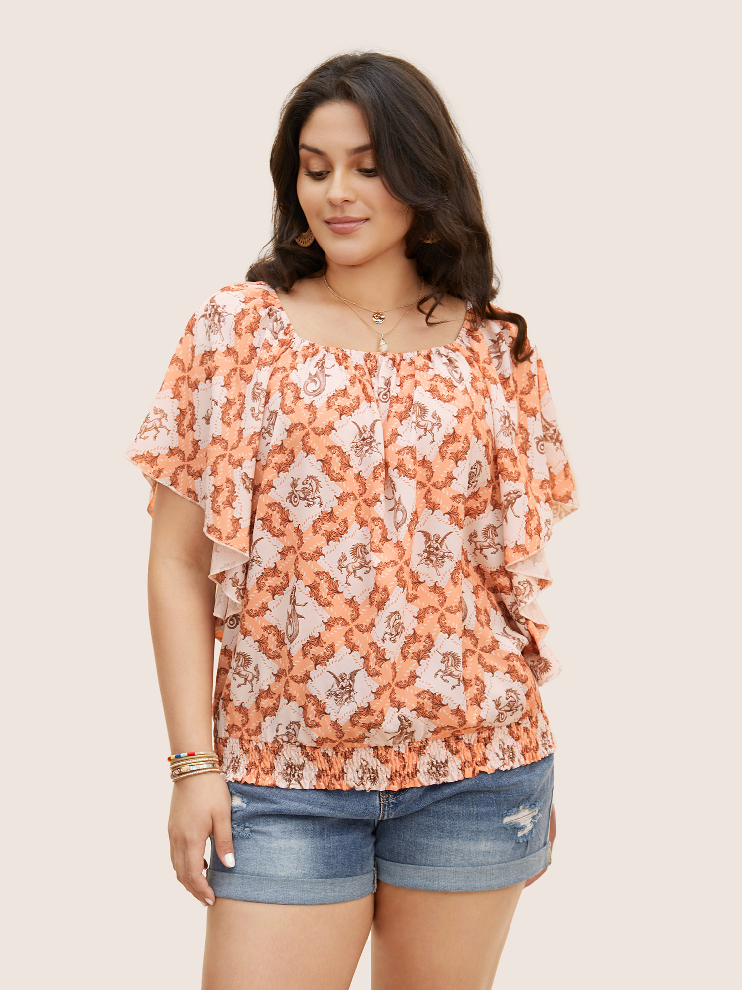 

Plus Size Coral Moroccan Print Square Neck Dolman Sleeve Blouse Women Resort Half Sleeve Square Neck Vacation Blouses BloomChic