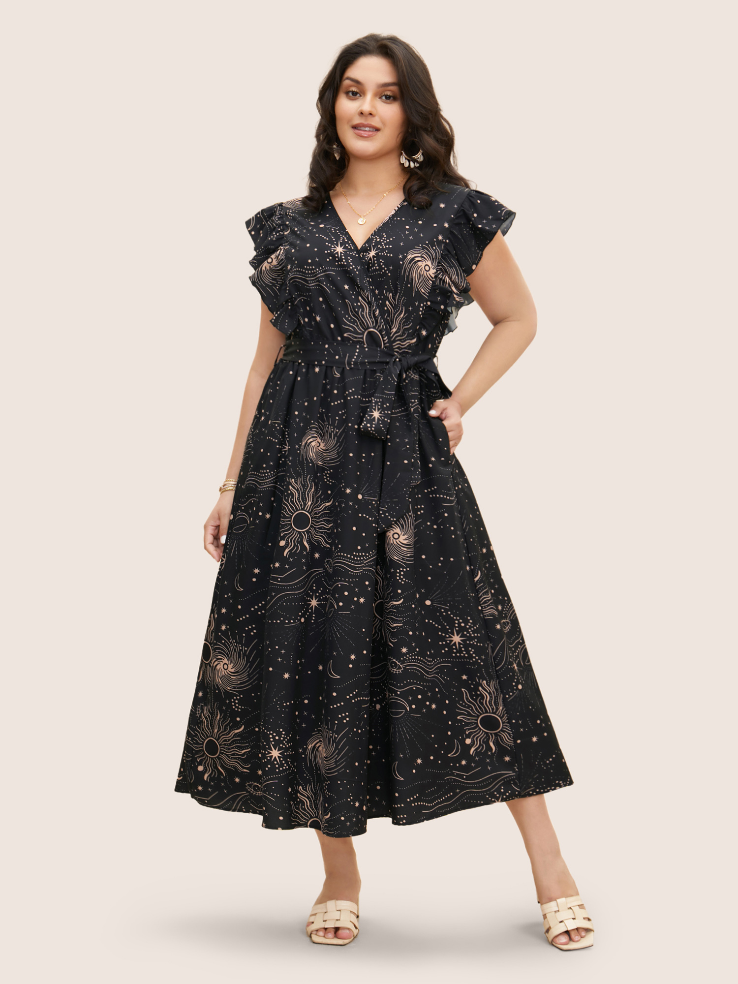 

Plus Size Moon & Star Ruffle Cap Sleeve Maxi Dress Black Women Belted Overlap Collar Cap Sleeve Curvy BloomChic