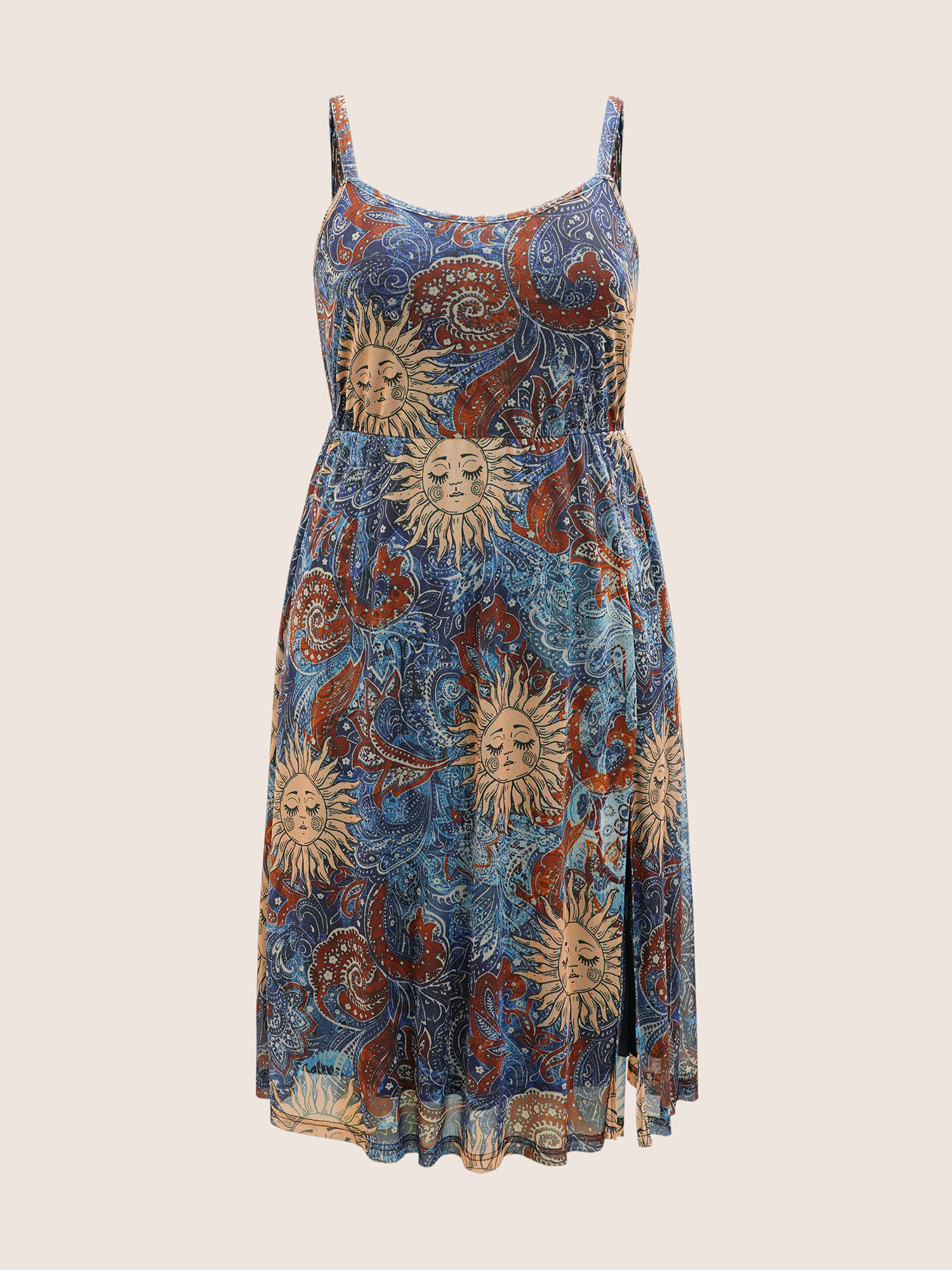 Plus Size Sun Face Print Split Side Adjustable Straps Dress Multicolor Women Resort Texture Round Neck Sleeveless Curvy BloomChic 12/L 