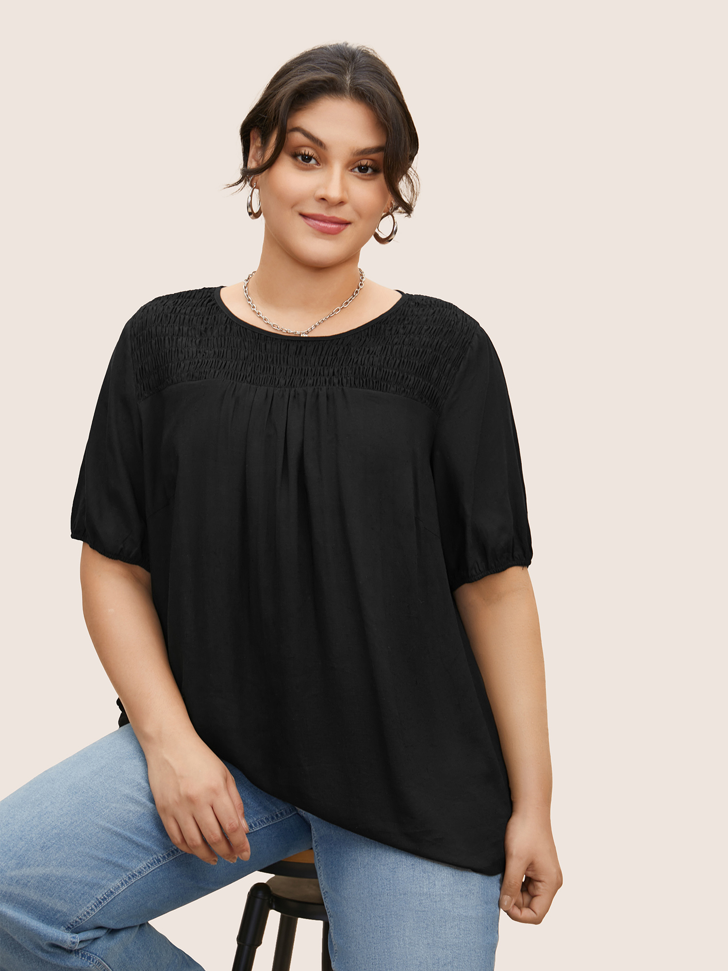 

Plus Size Black Cotton Linen Gathered Shirred Puff Sleeve Blouse Women Casual Half Sleeve Round Neck Everyday Blouses BloomChic