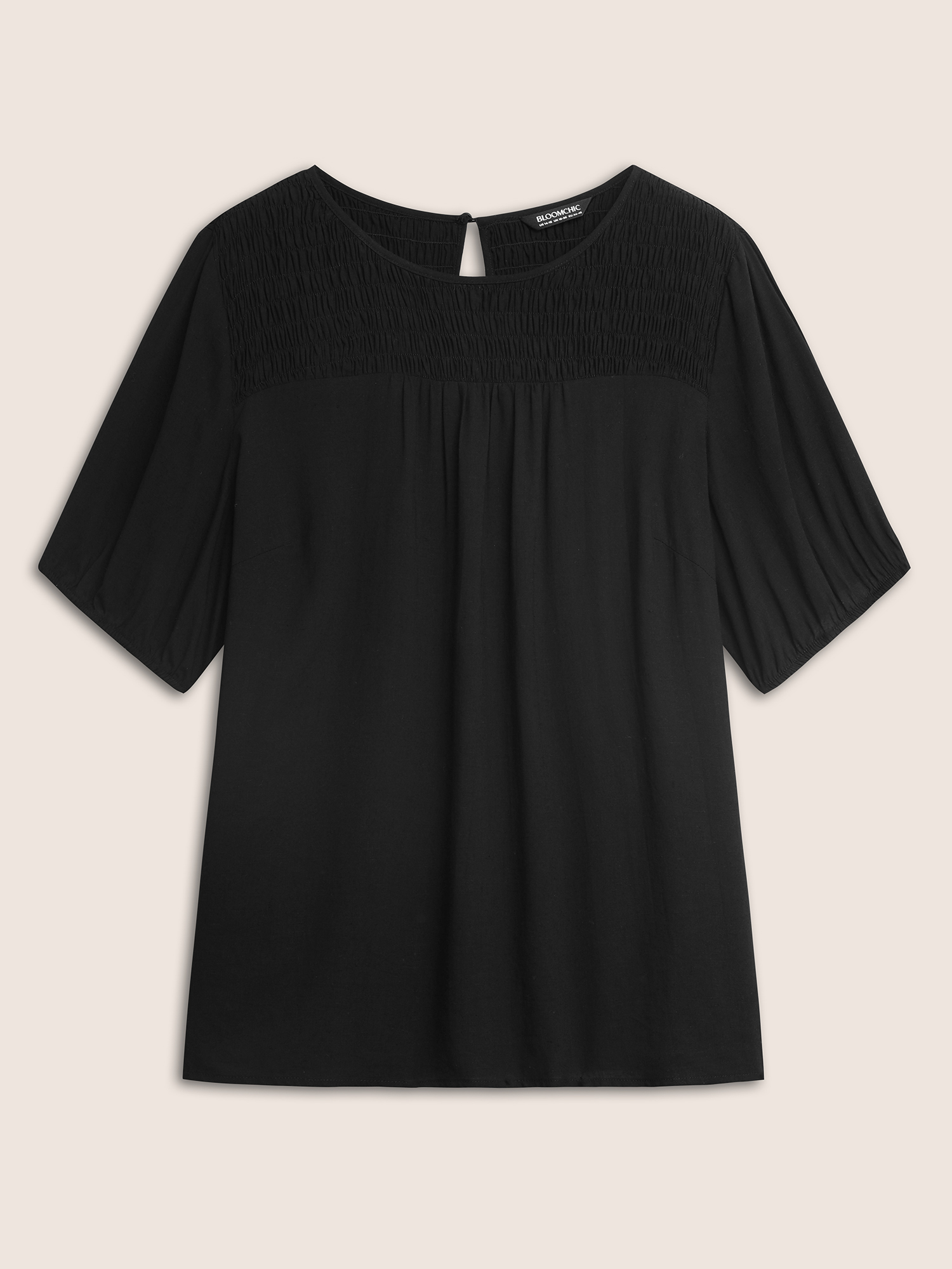 

Plus Size Black Linen Blend Gathered Shirred Puff Sleeve Blouse Women Casual Half Sleeve Round Neck Everyday Blouses BloomChic