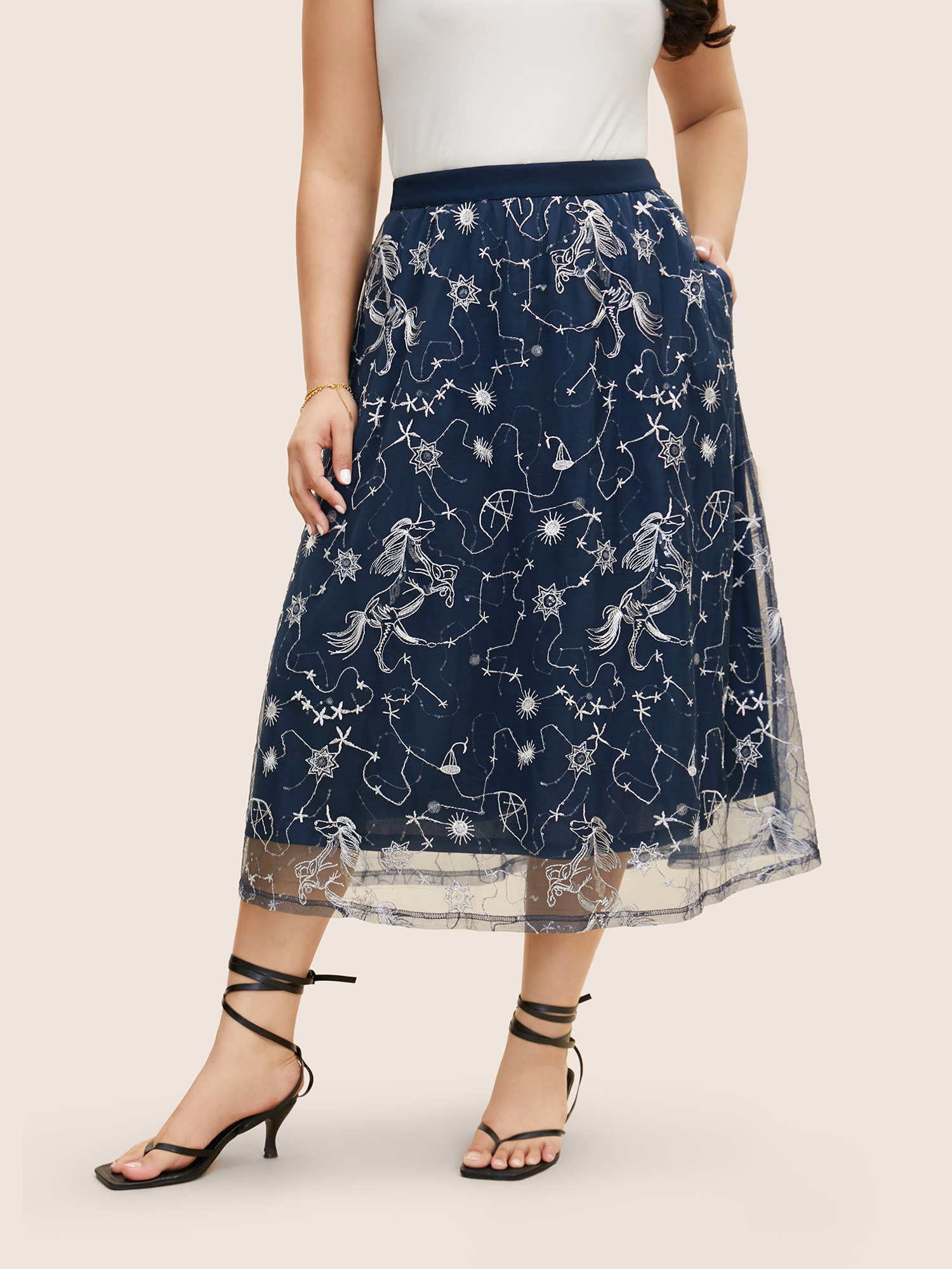 

Plus Size Star Embroidered Patchwork Mesh Pocket Skirt Women DarkBlue Resort See through Loose No stretch Slanted pocket Vacation Skirts BloomChic