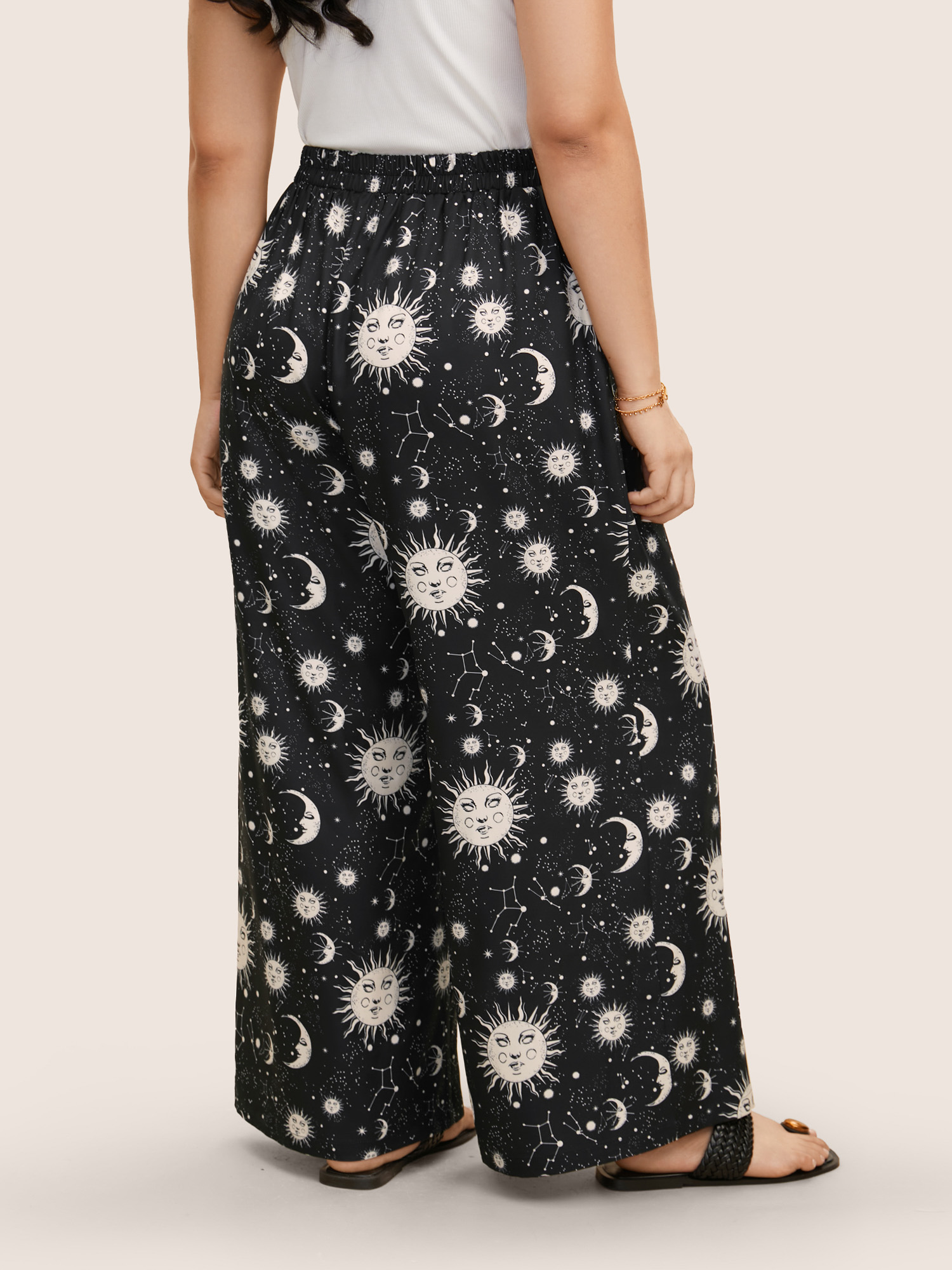 

Plus Size Moon & Star Print Tie Knot Wide Leg Pants Women Black Resort Wide Leg Mid Rise Vacation Pants BloomChic