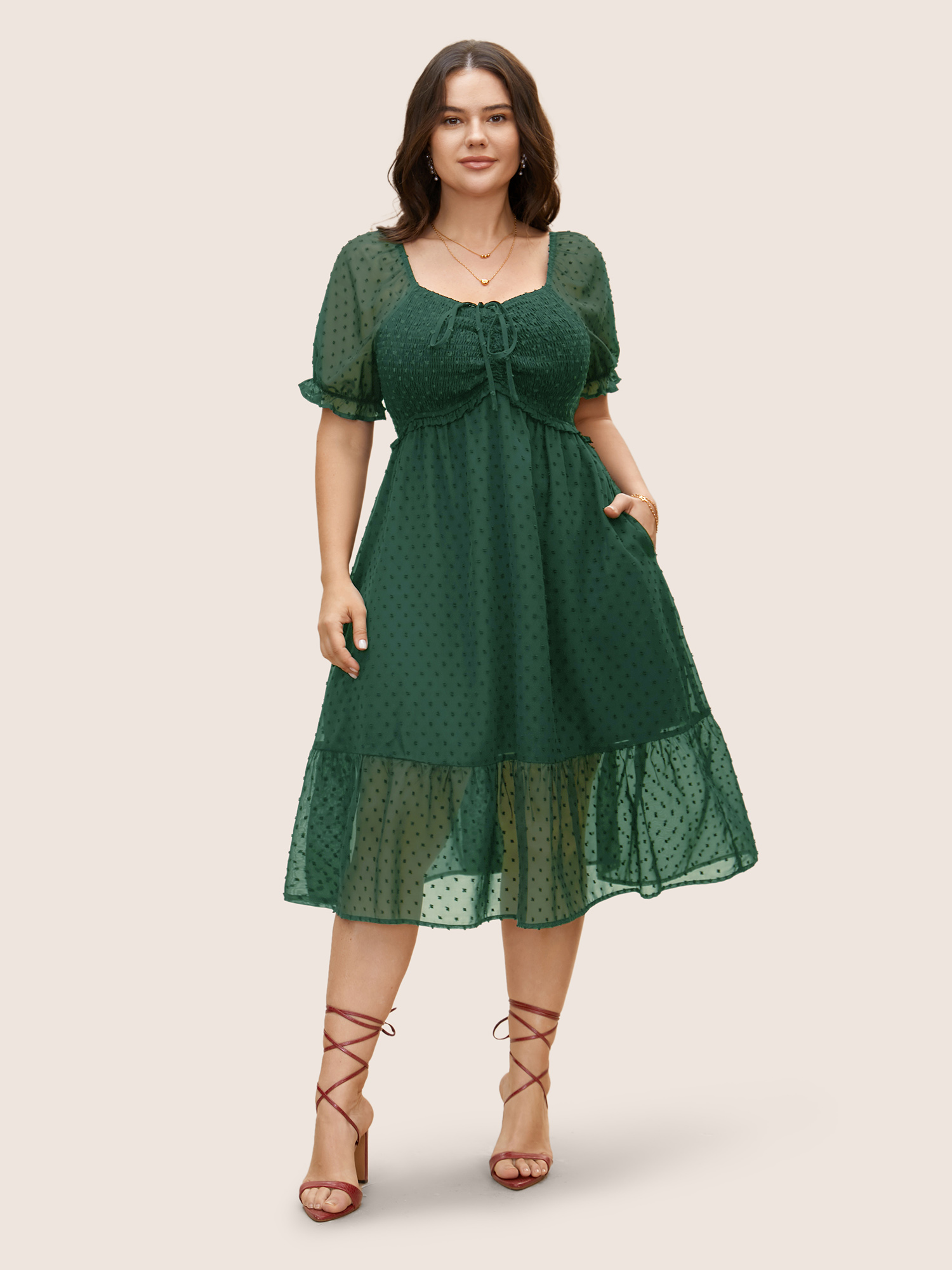 

Plus Size Polka Dot Textured Mesh Shirred Drawstring Dress Emerald Women Texture V-neck Short sleeve Curvy BloomChic