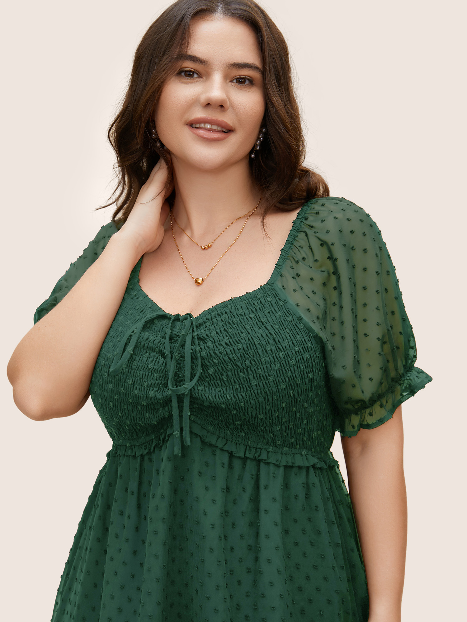 

Plus Size Polka Dot Textured Mesh Shirred Drawstring Dress Emerald Women Texture V-neck Short sleeve Curvy BloomChic