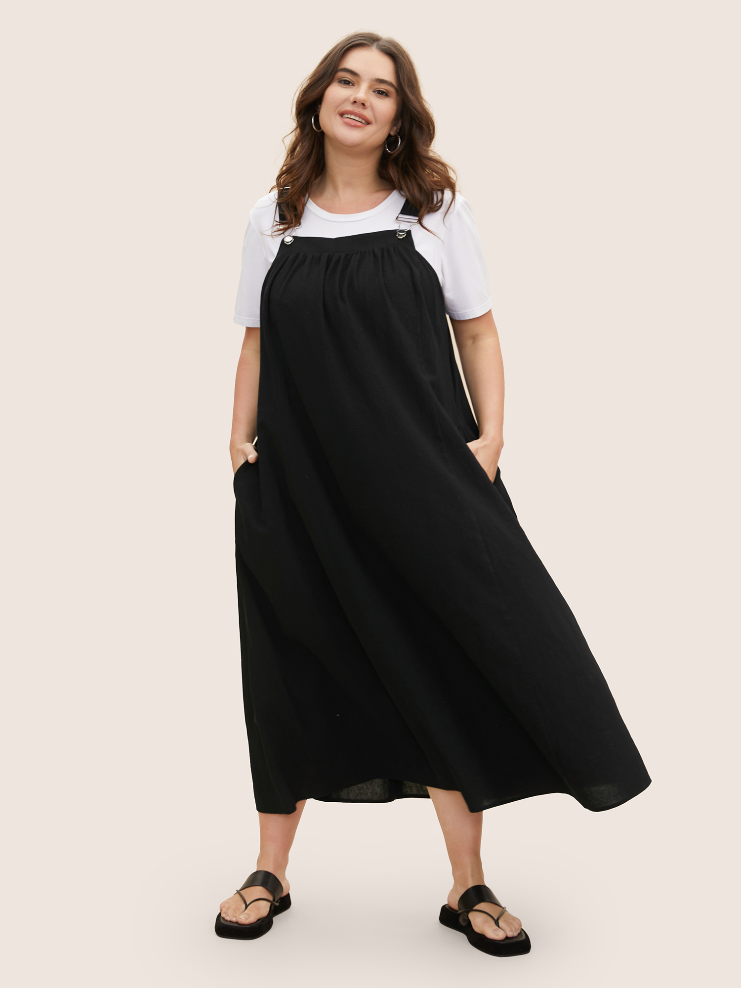 

Plus Size Solid Adjustable Straps Pocket Midi Dress Black Women Gathered Non Sleeveless Curvy BloomChic