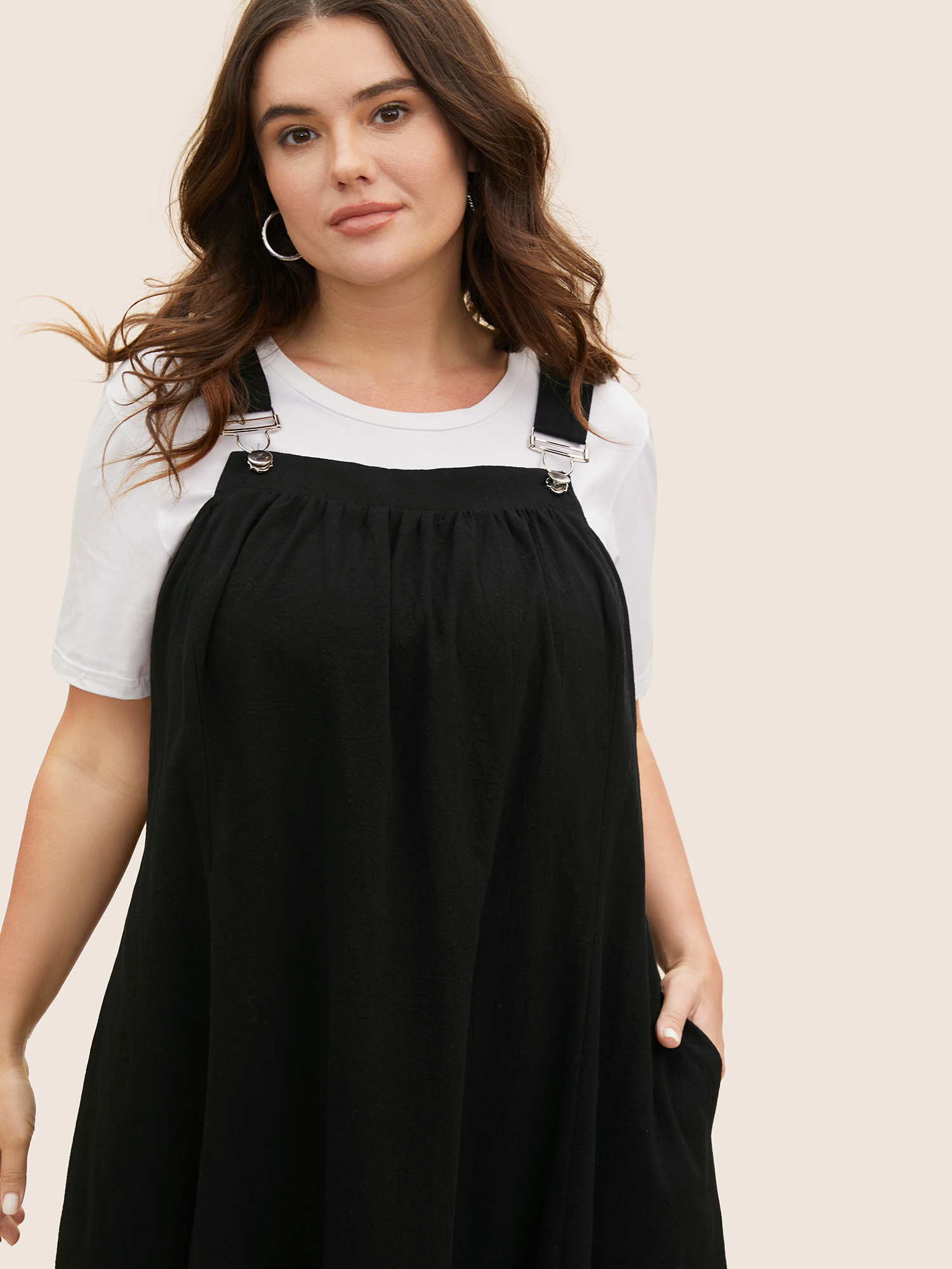 

Plus Size Cotton Solid Adjustable Straps Pocket Midi Dress Black Women Gathered Non Sleeveless Curvy BloomChic