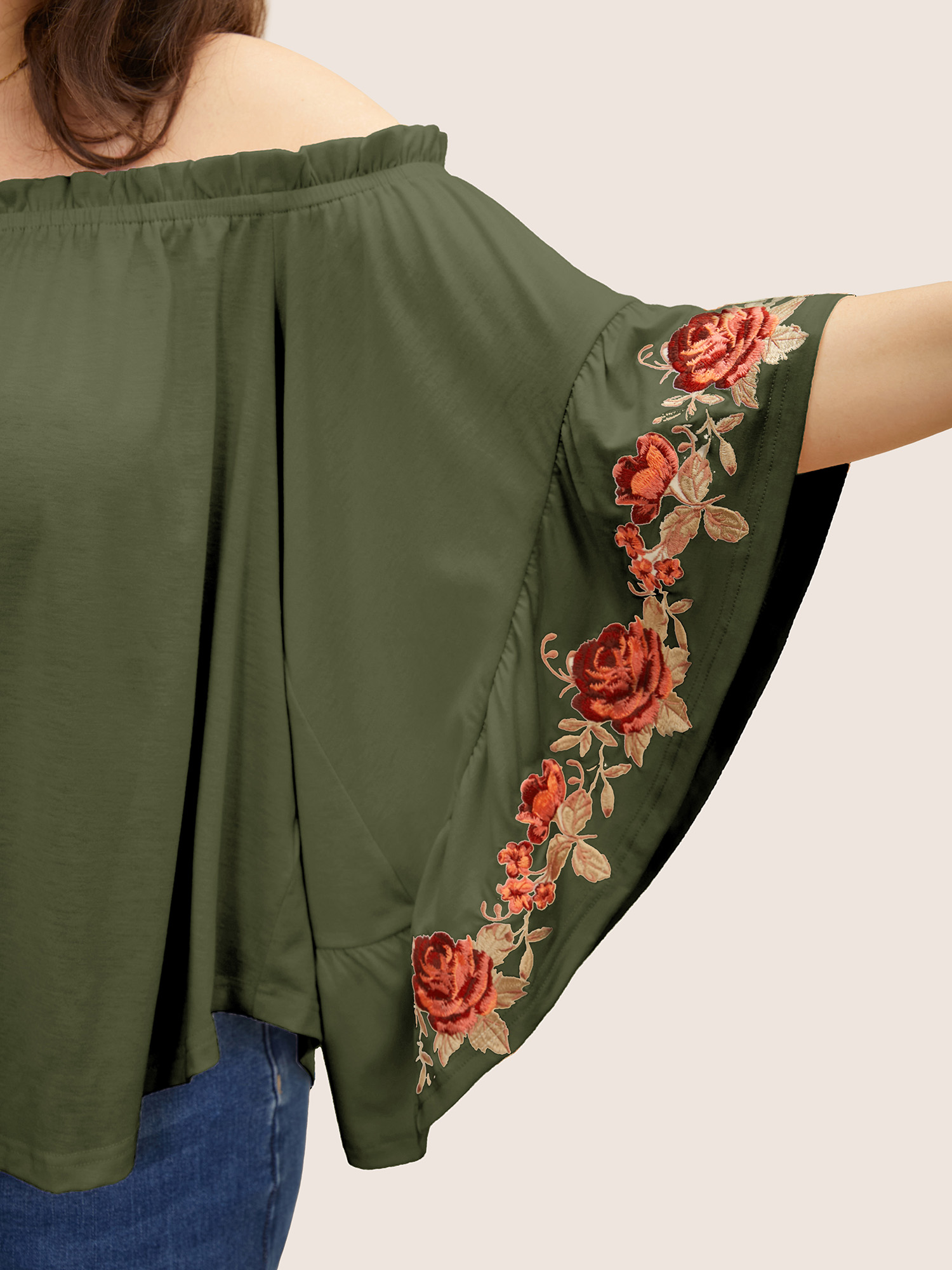 

Plus Size Off Shoulder Floral Embroidered Ruffle Sleeve T-shirt ArmyGreen Women Elegant Contrast Natural Flowers One-shoulder neck Everyday T-shirts BloomChic