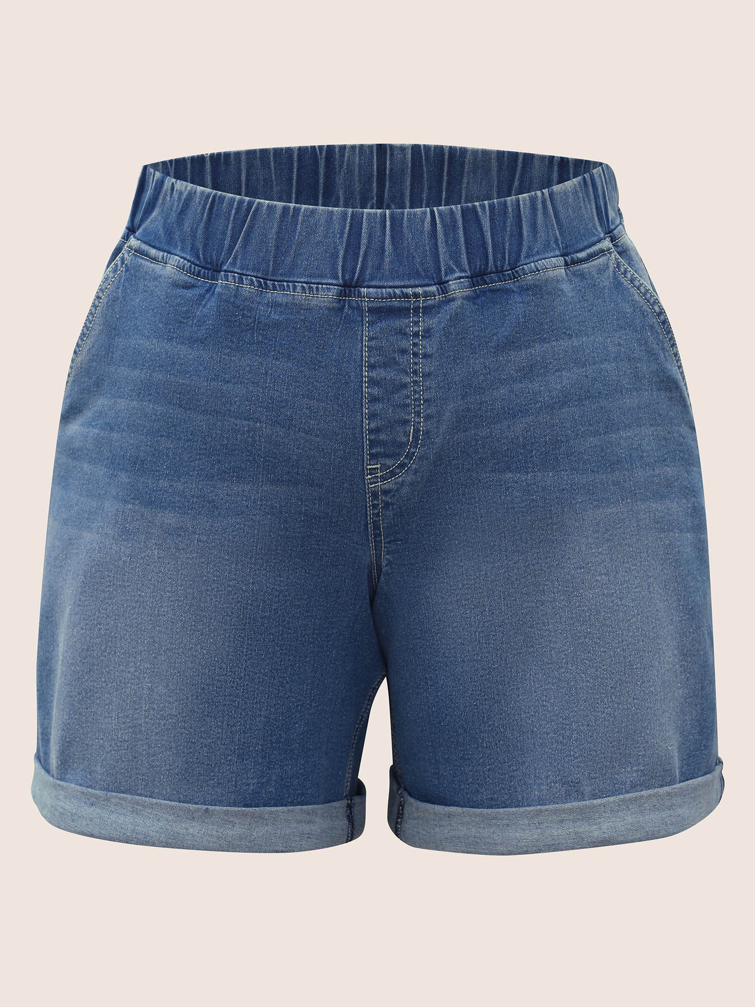 Plus Size Medium Wash Roll Hem Loose Denim Shorts Women Denimblue Roll Hem High stretch Everyday Slanted pocket Casual Denim Shorts BloomChic 18/2X 