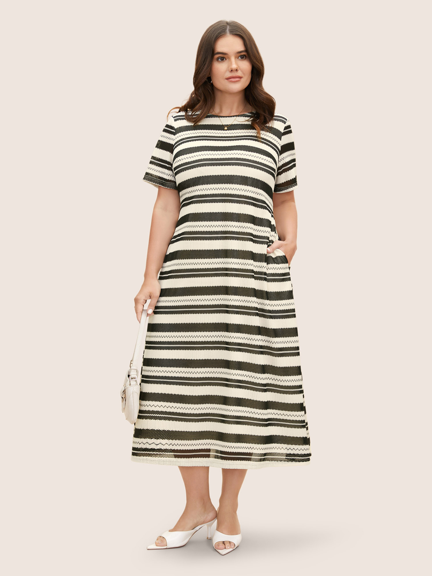 Plus Size Striped Texture Crew Neck Midi Knit Dress Ivory Women Texture Round Neck Short sleeve Curvy BloomChic 14-16/1X 