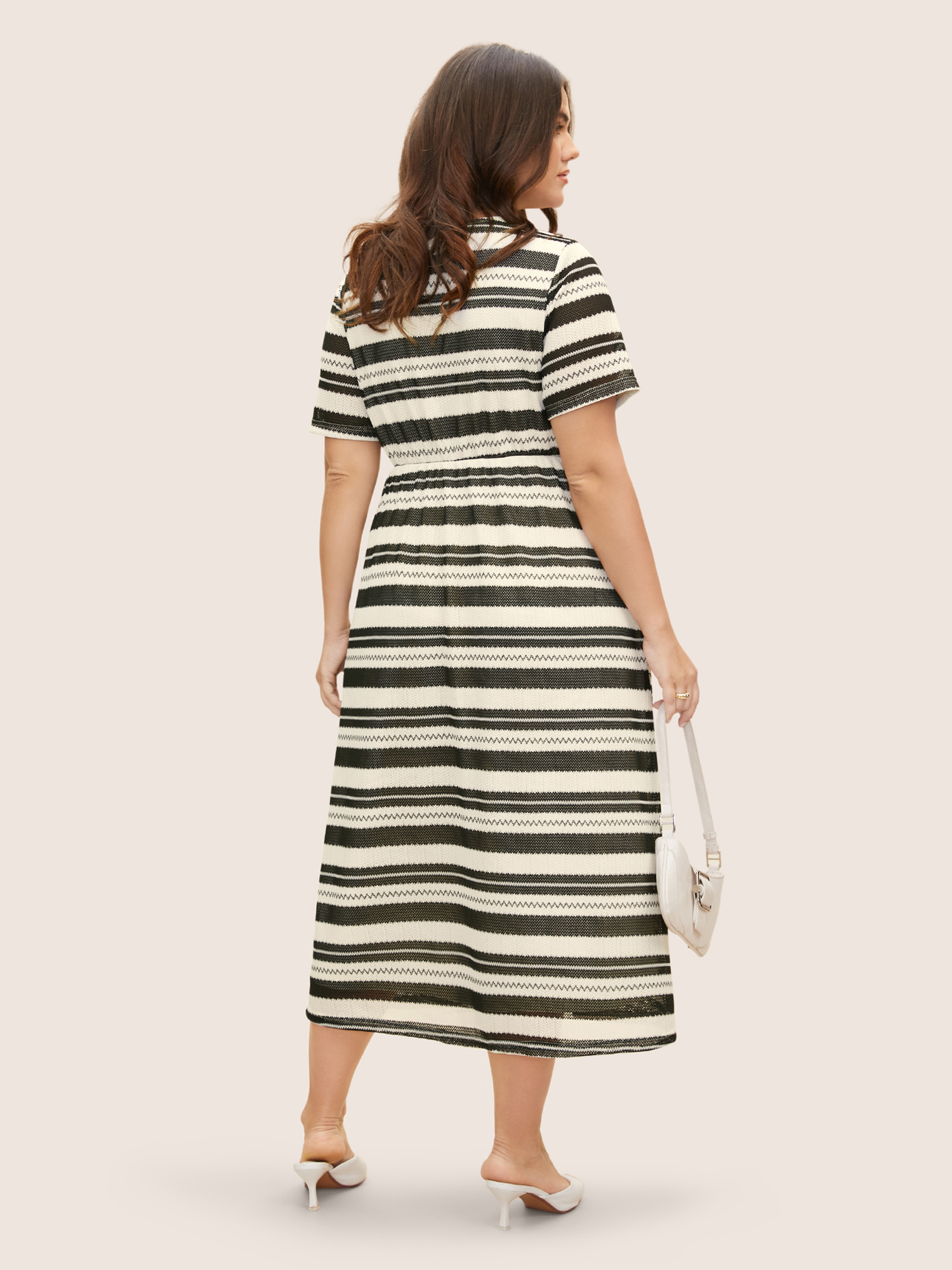 Plus Size Striped Texture Crew Neck Midi Knit Dress Ivory Women Texture Round Neck Short sleeve Curvy BloomChic 14-16/1X 