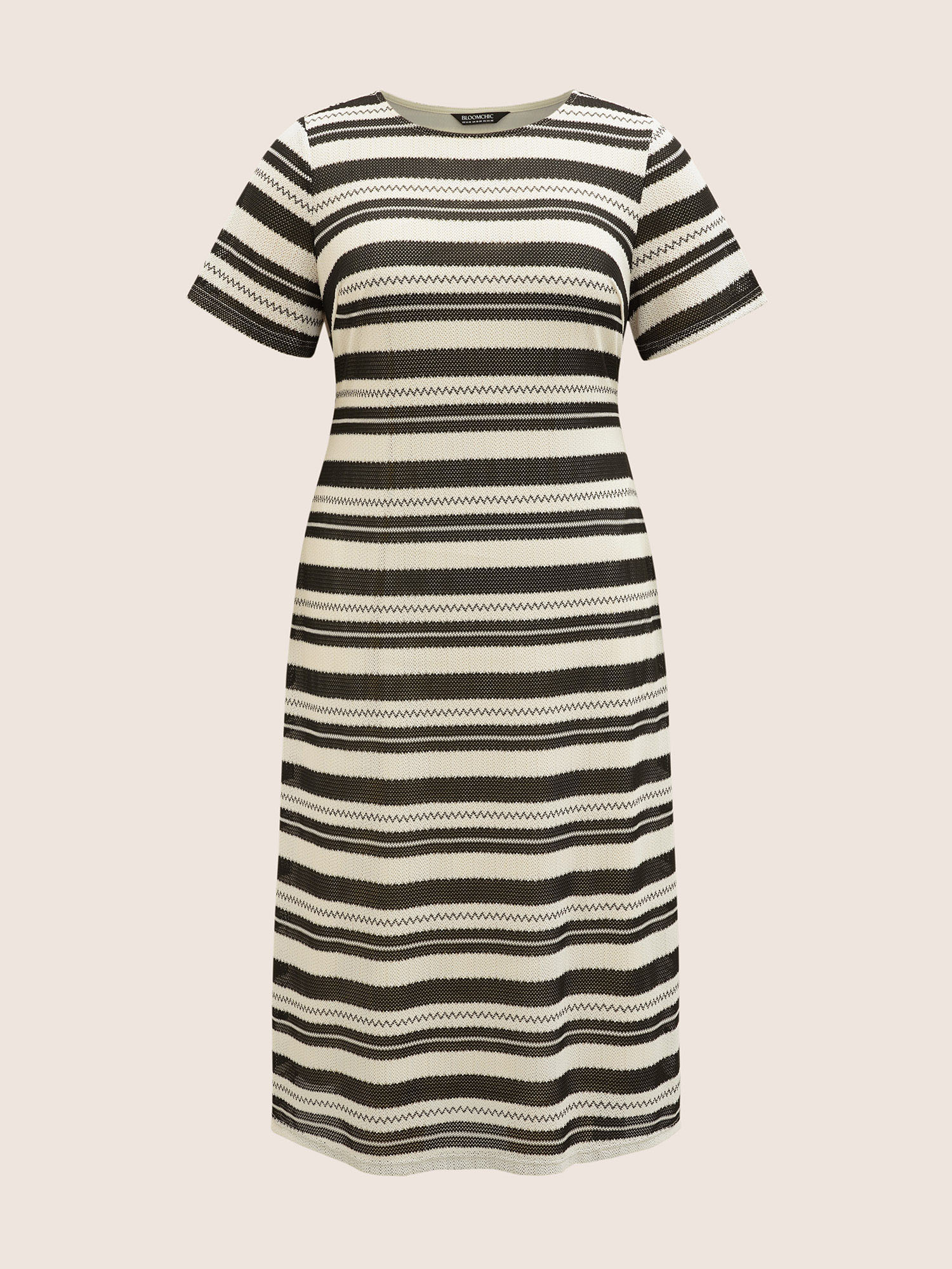 Plus Size Striped Texture Crew Neck Midi Knit Dress Ivory Women Texture Round Neck Short sleeve Curvy BloomChic 14-16/1X 